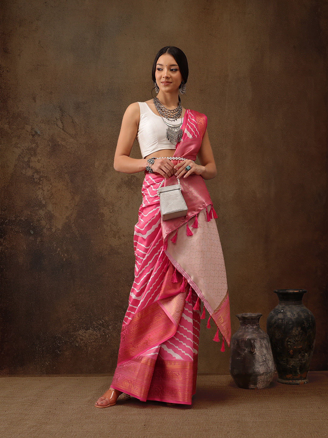 Soft Silk Lahriya Printed Saree with Zari Woven Pallu