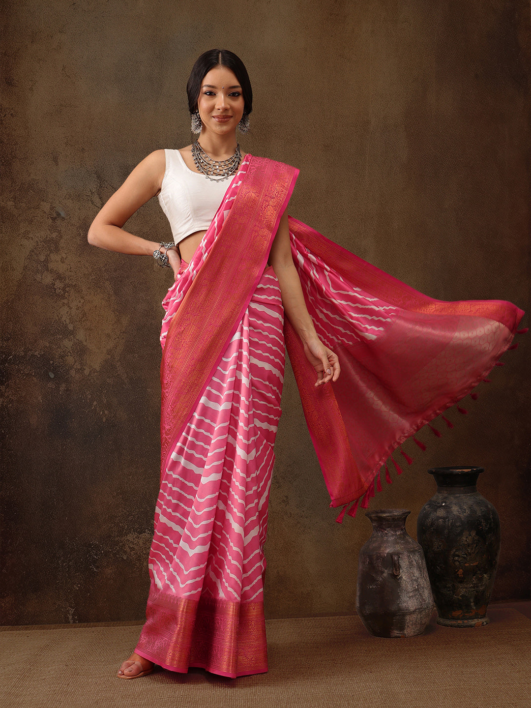 Soft Silk Lahriya Printed Saree with Zari Woven Pallu