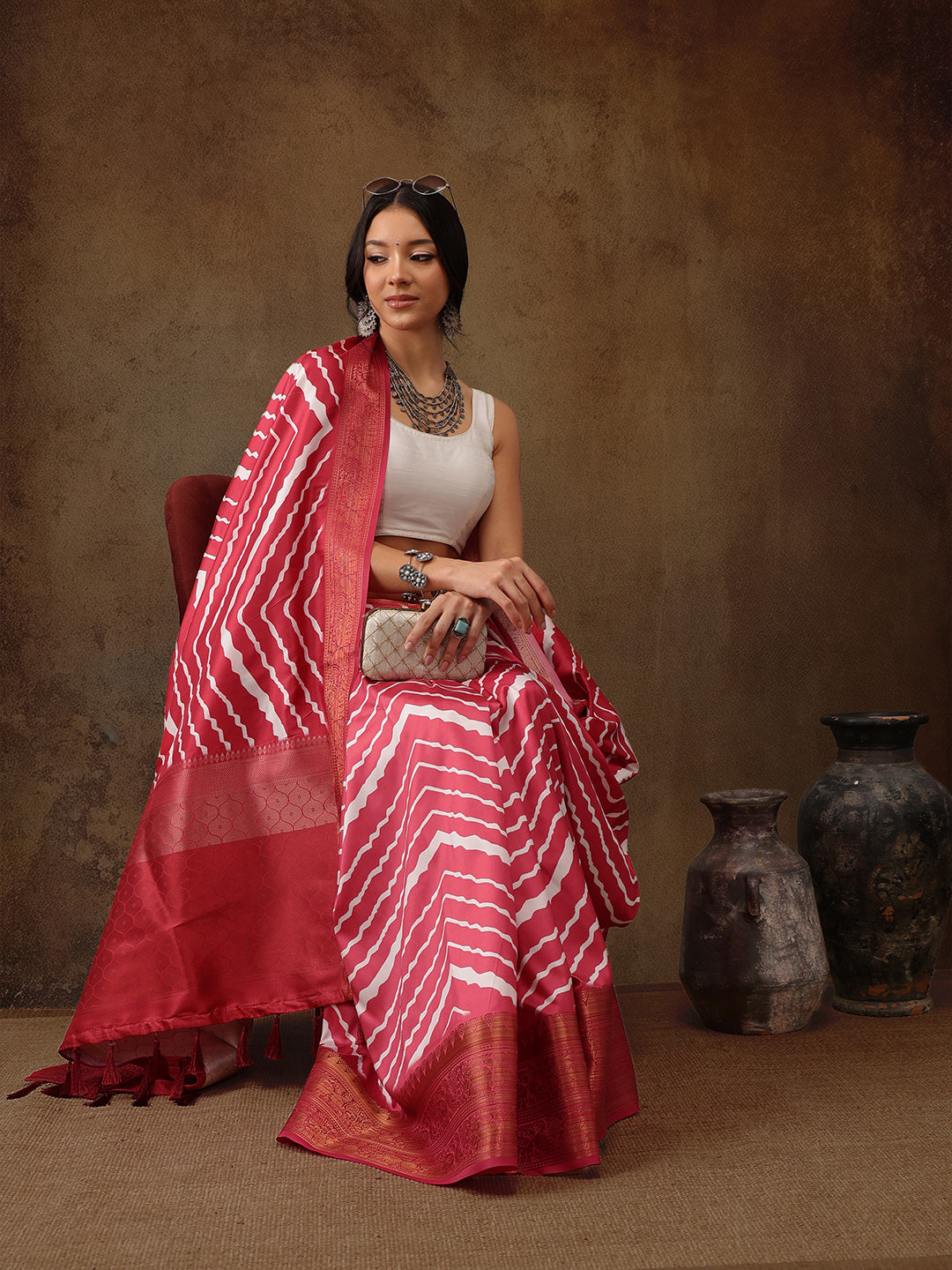 Soft Silk Lahriya Printed Saree with Zari Woven Pallu