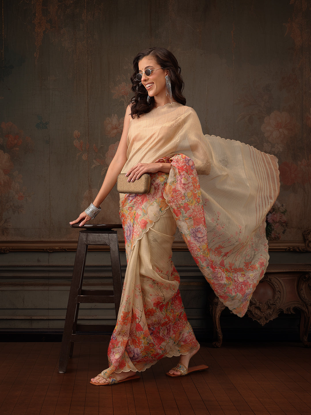 Kota Doria Tissue Silk Printed Saree With Cutwork Border