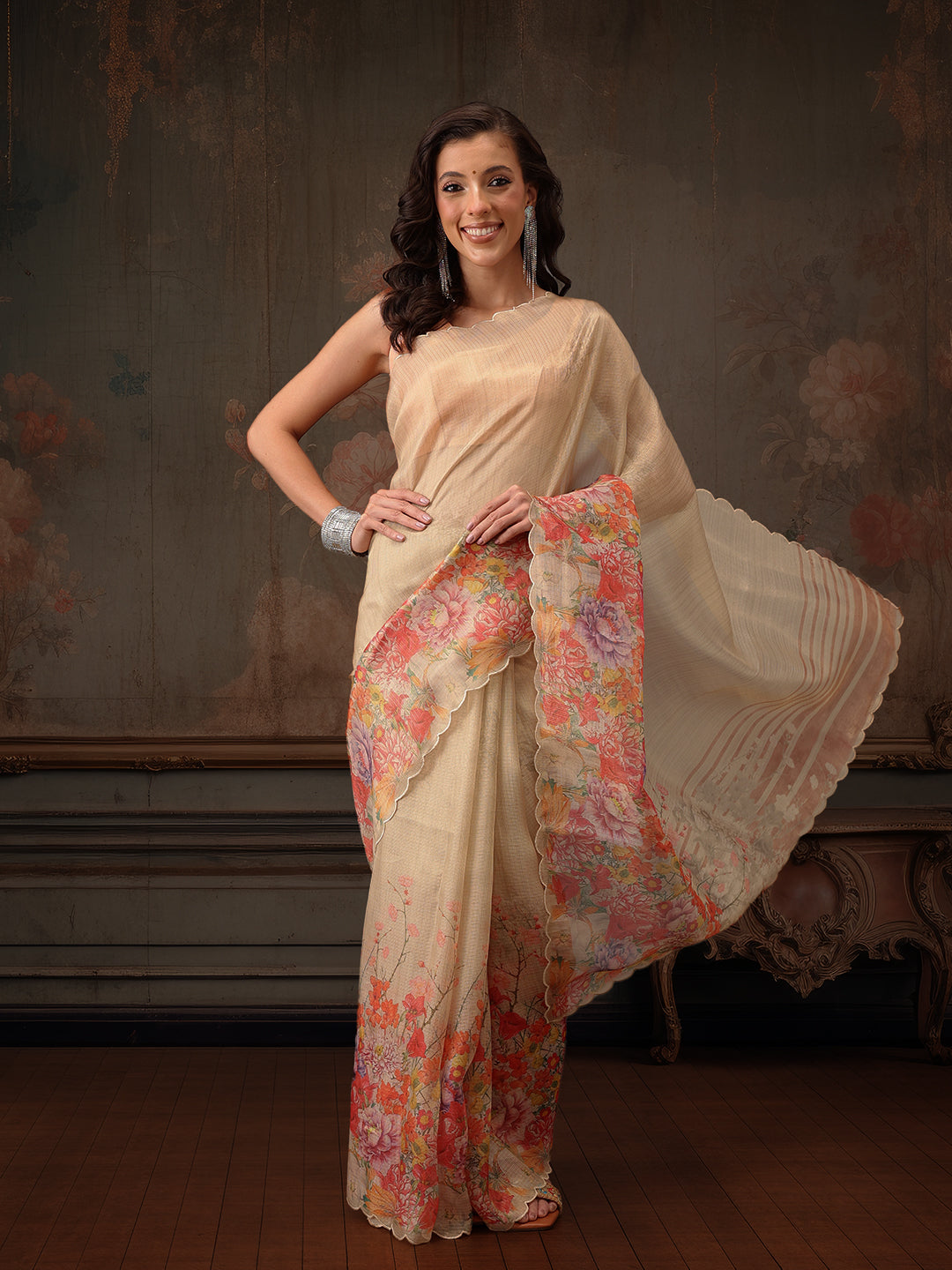 Kota Doria Tissue Silk Printed Saree With Cutwork Border