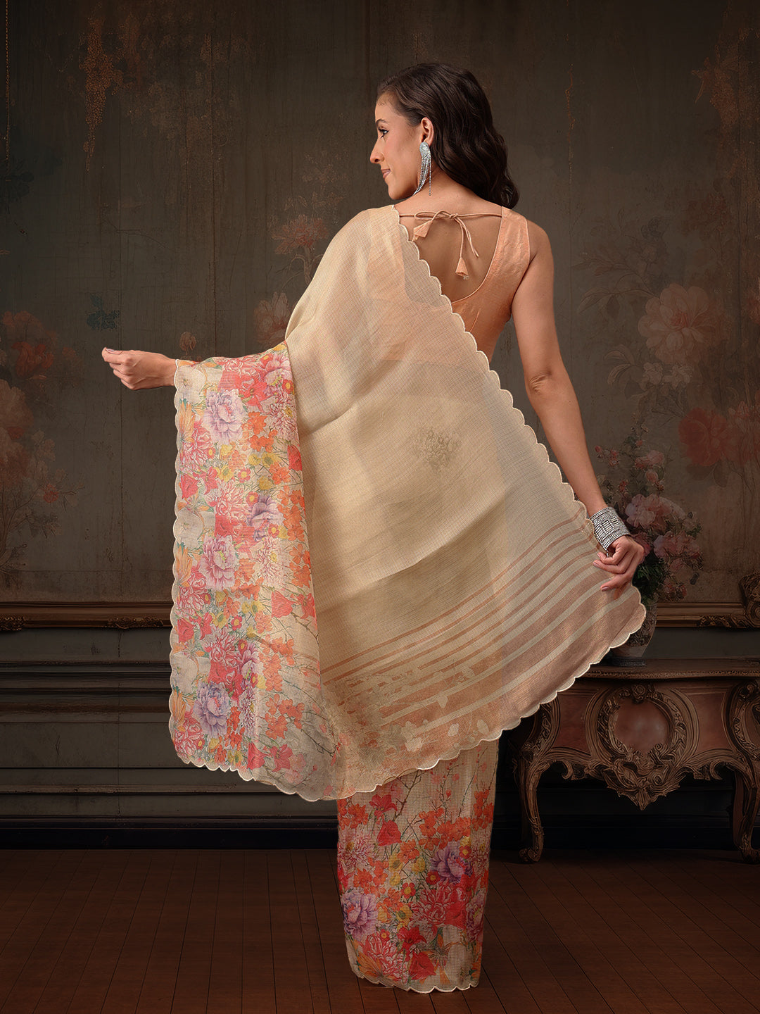 Kota Doria Tissue Silk Printed Saree With Cutwork Border