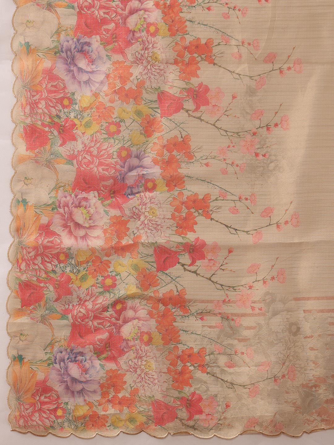 Kota Doria Tissue Silk Printed Saree With Cutwork Border