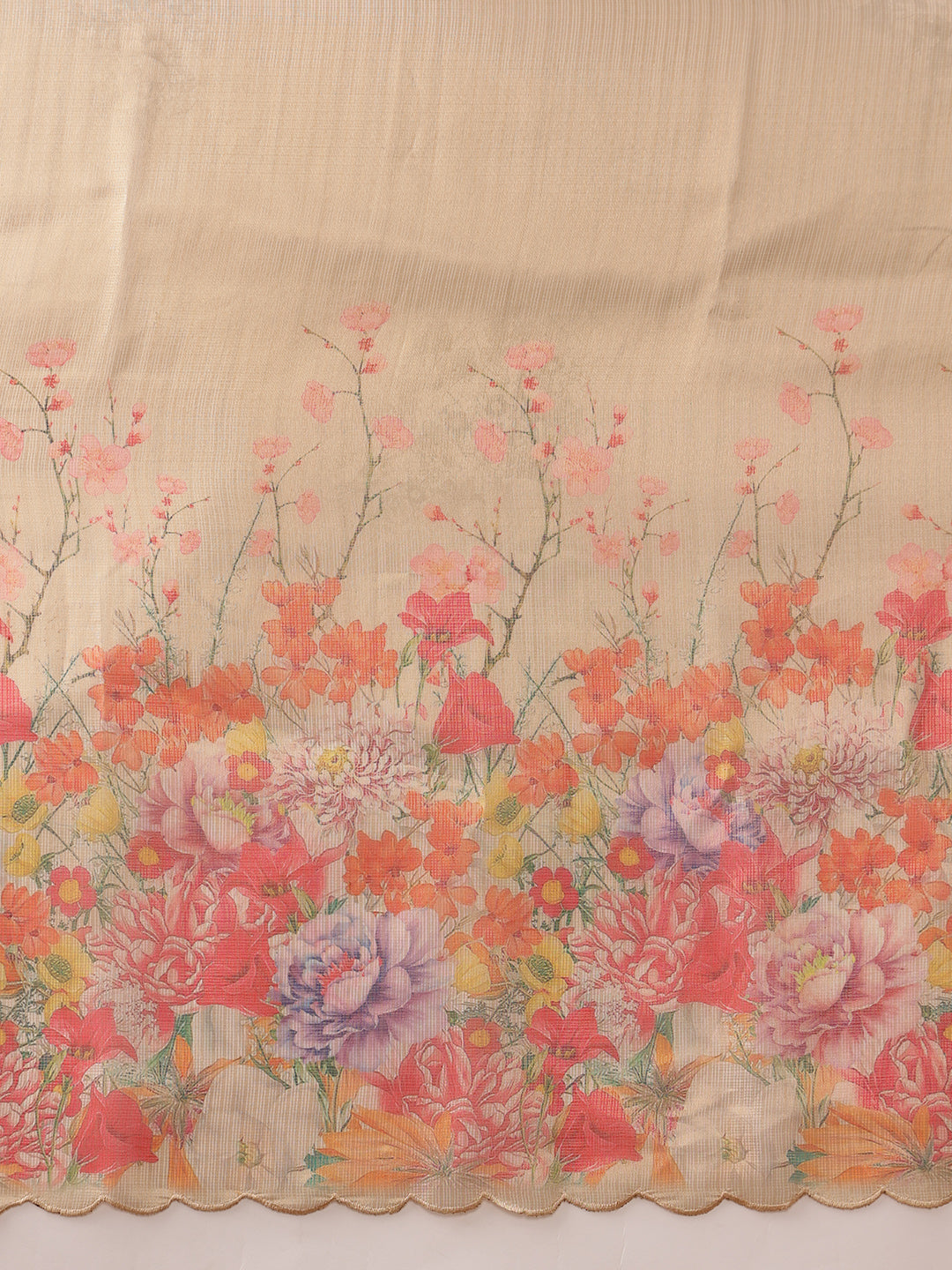 Kota Doria Tissue Silk Printed Saree With Cutwork Border