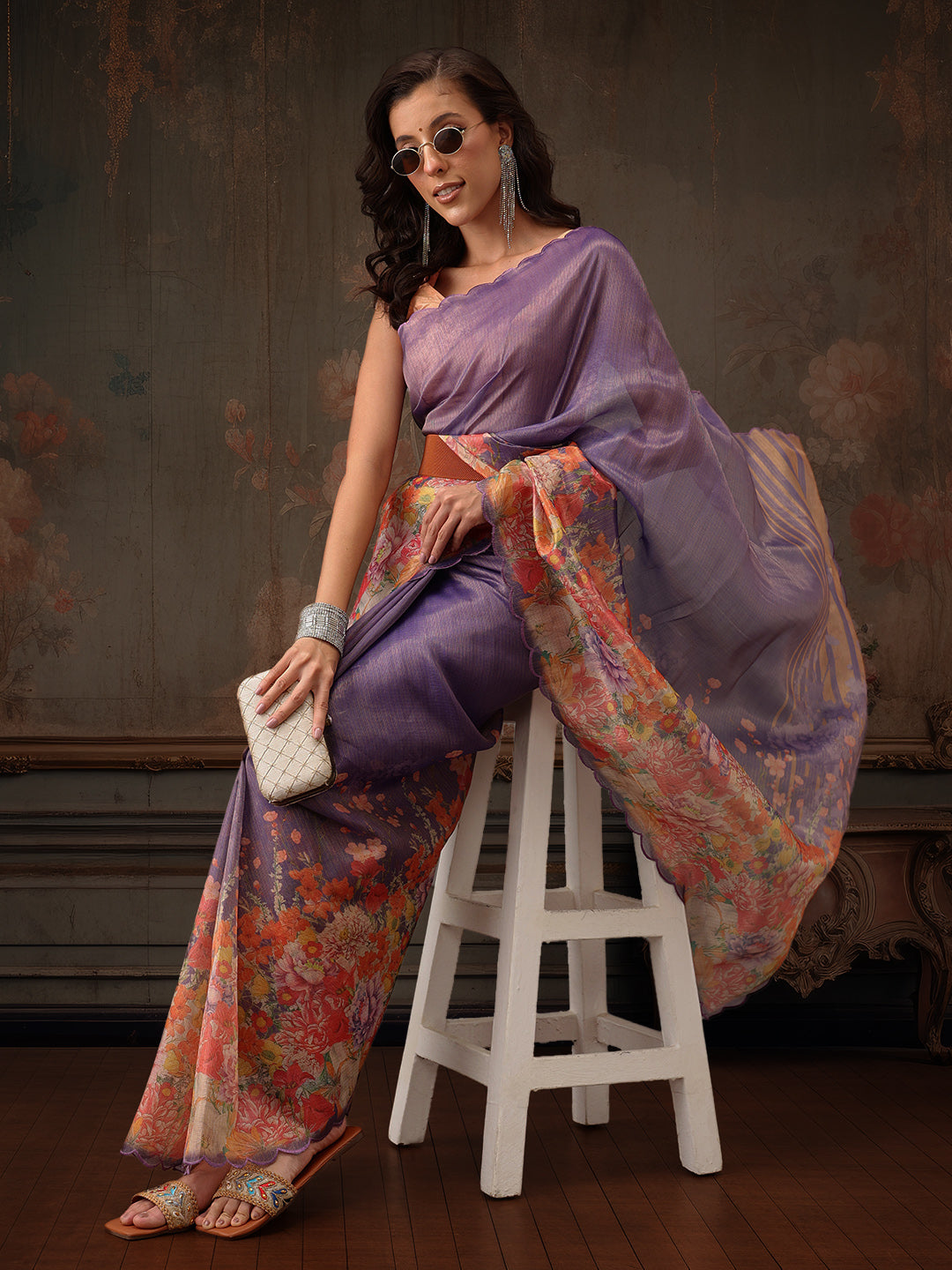Kota Doria Tissue Silk Printed Saree With Cutwork Border