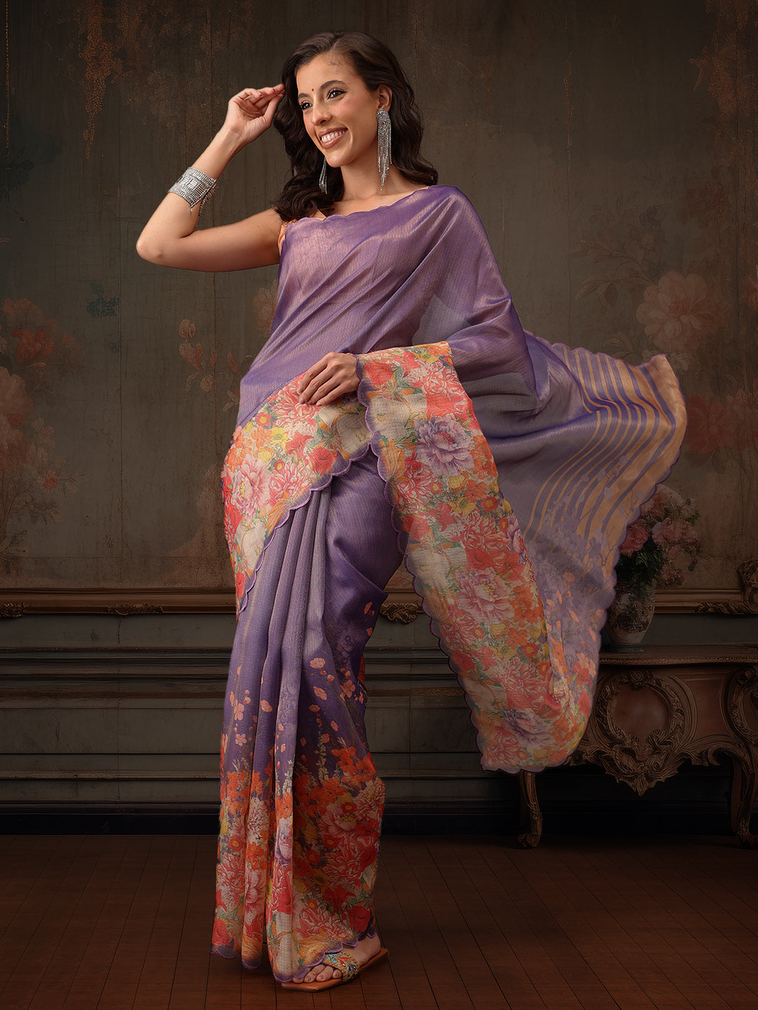 Kota Doria Tissue Silk Printed Saree With Cutwork Border