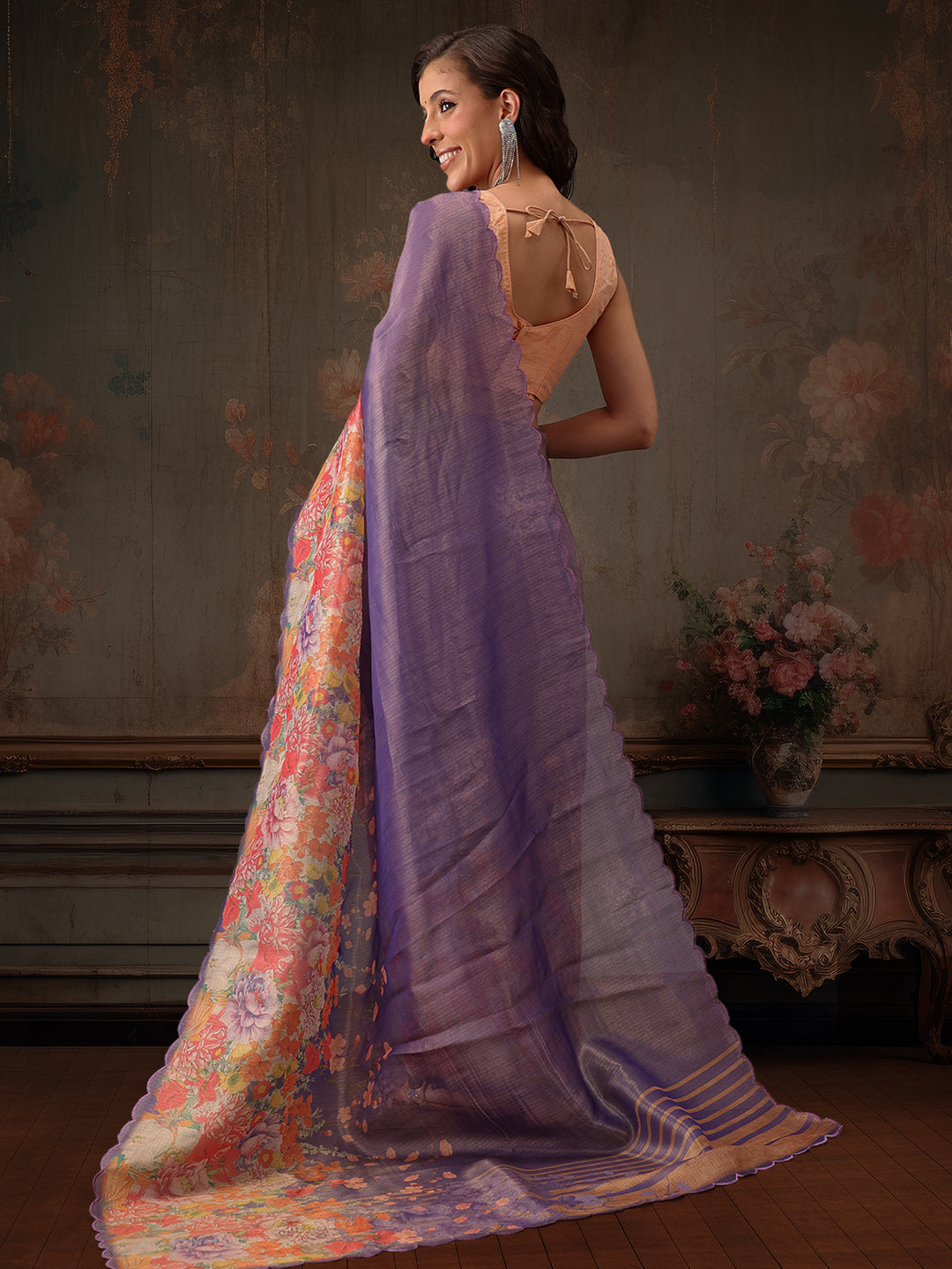 Kota Doria Tissue Silk Printed Saree With Cutwork Border