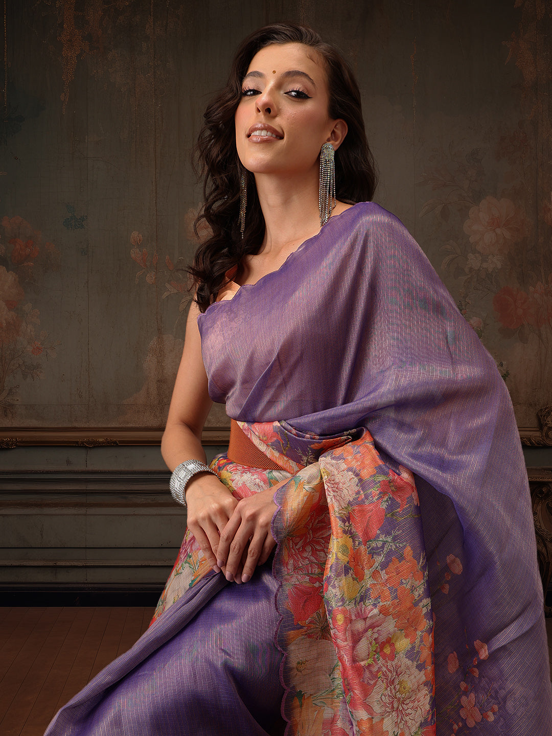 Kota Doria Tissue Silk Printed Saree With Cutwork Border
