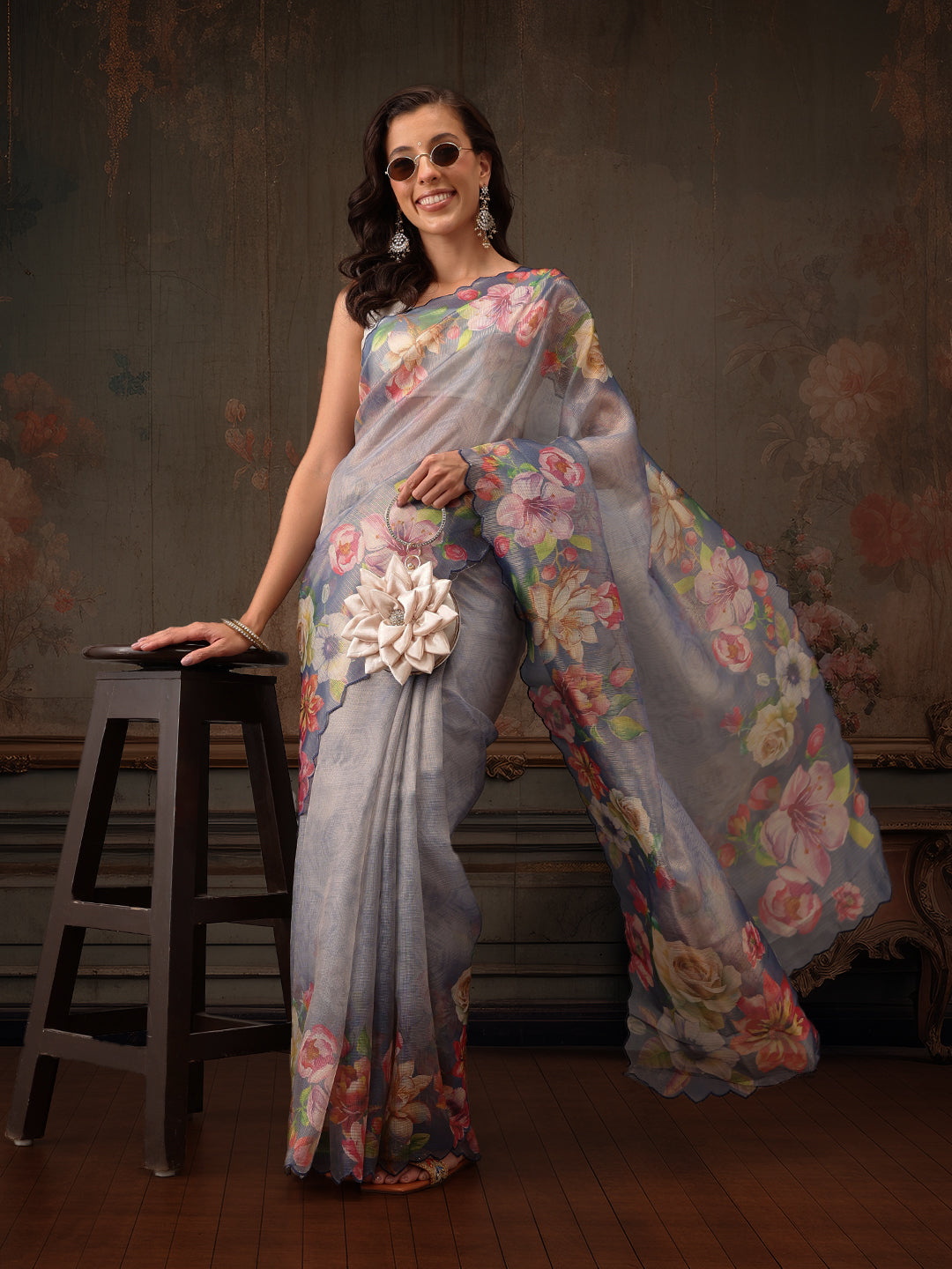 Kota Doria Tissue Silk Printed Saree With Cutwork Border