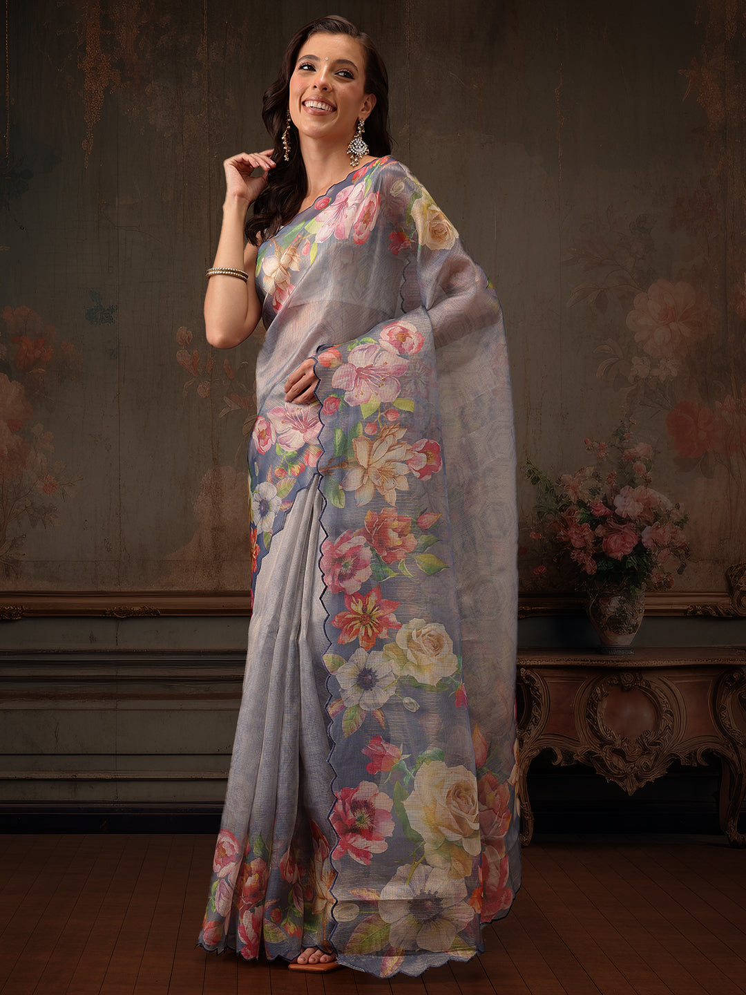 Kota Doria Tissue Silk Printed Saree With Cutwork Border