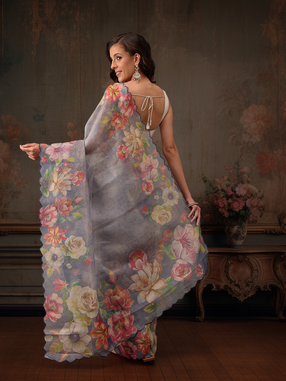 Kota Doria Tissue Silk Printed Saree With Cutwork Border