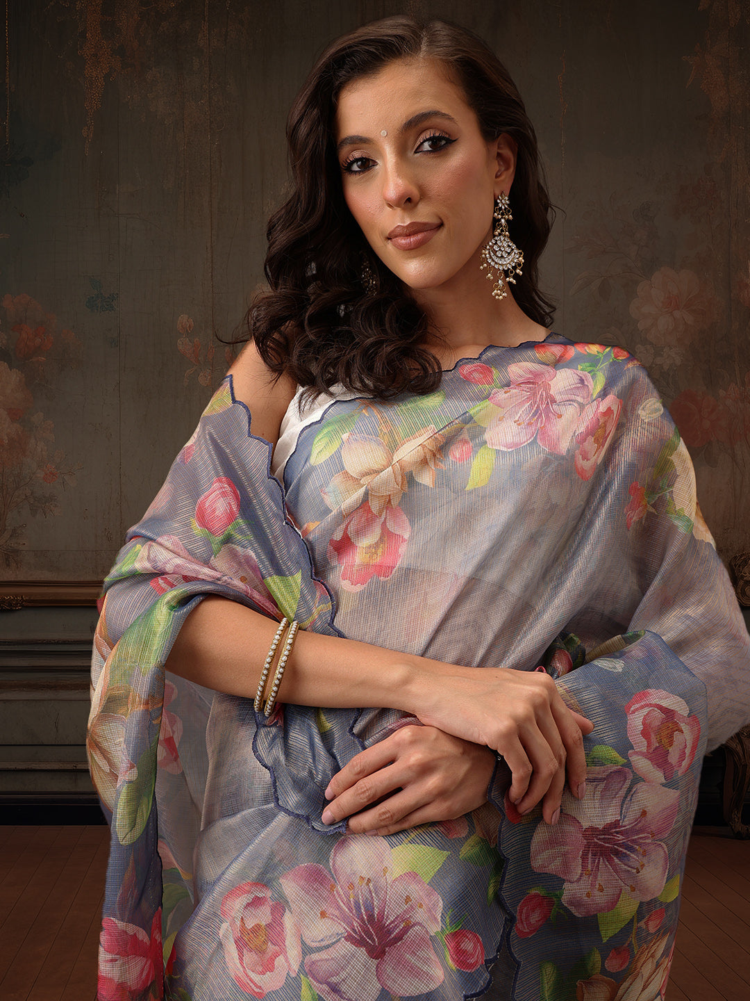 Kota Doria Tissue Silk Printed Saree With Cutwork Border