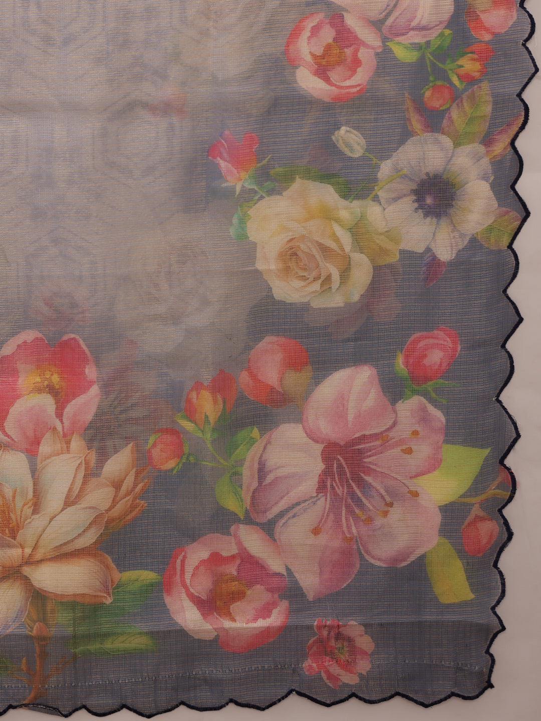 Kota Doria Tissue Silk Printed Saree With Cutwork Border