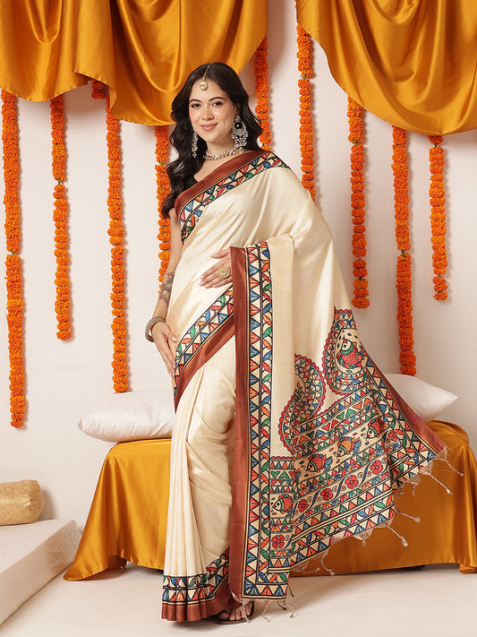 Soft Silk Solid Saree With Madhubani Printed Pallu & Border – Beige with Brown Border