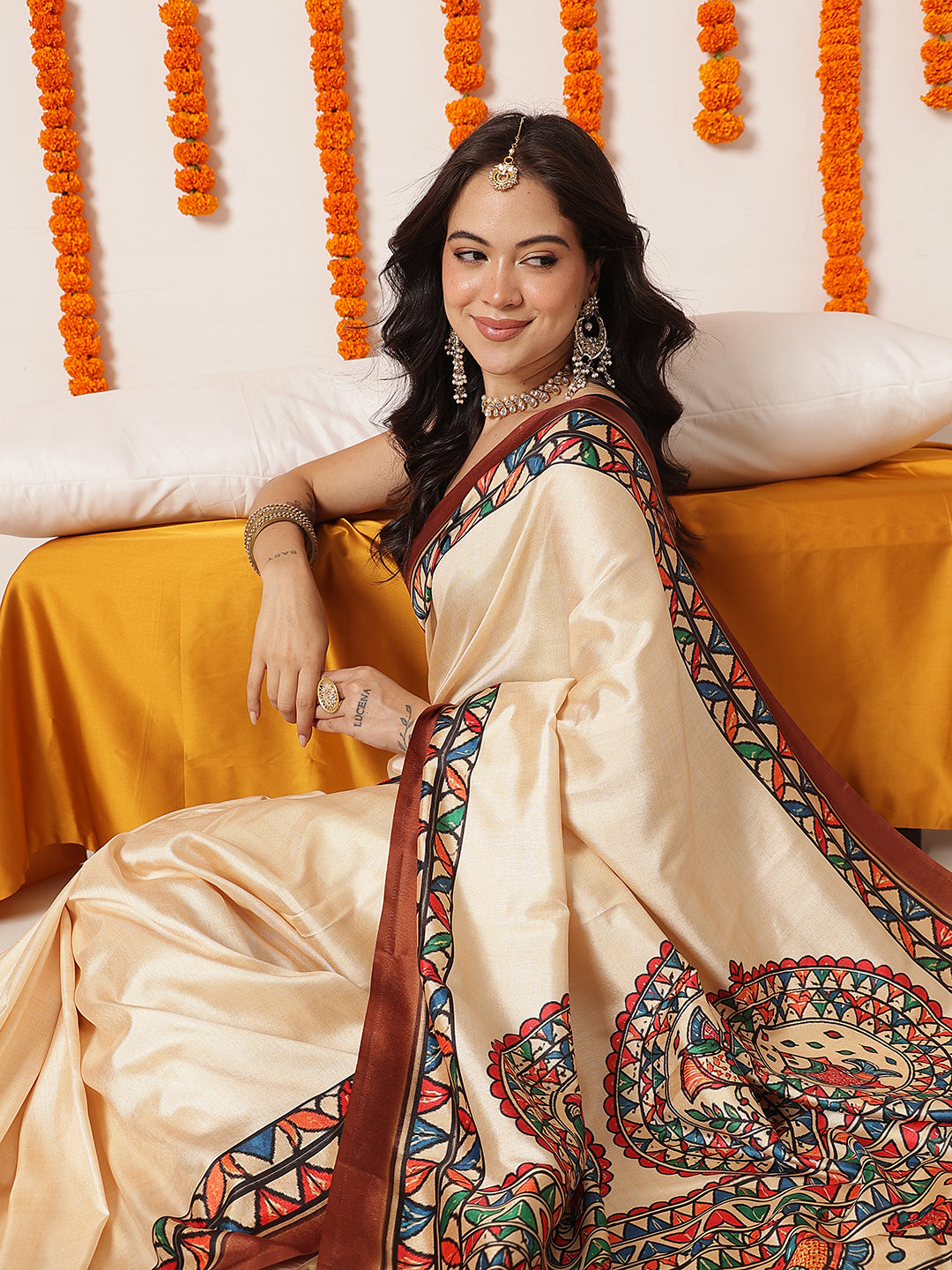 Soft Silk Solid Saree With Madhubani Printed Pallu & Border – Beige with Brown Border – view 4