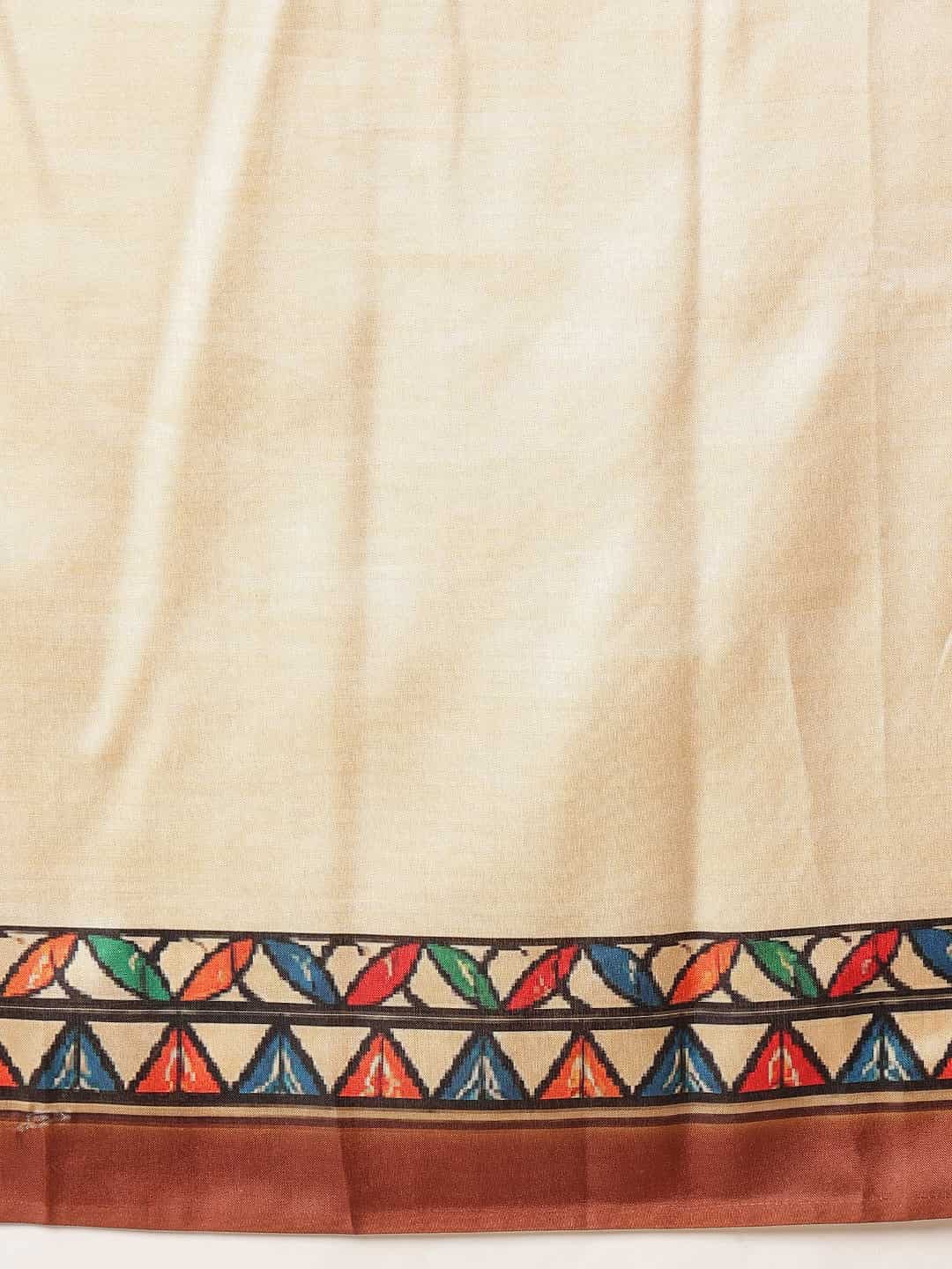 Soft Silk Solid Saree With Madhubani Printed Pallu & Border – Beige with Brown Border – view 5