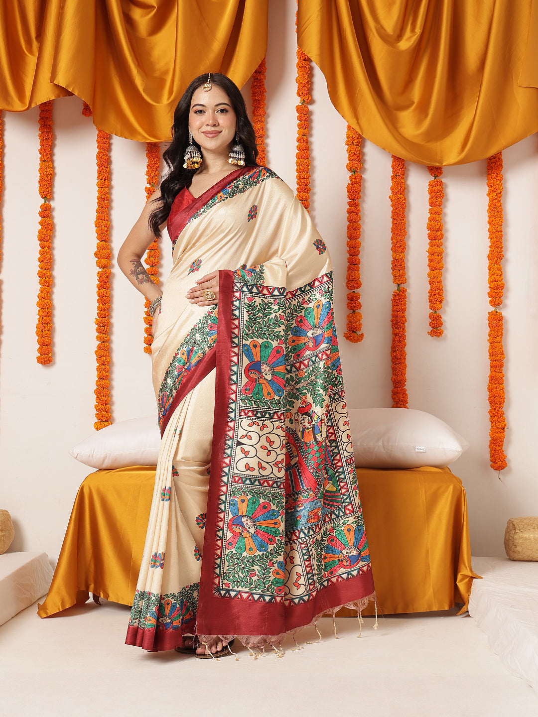 Soft Silk Solid Saree With Madhubani Printed Pallu & Border – Beige with Maroon Border