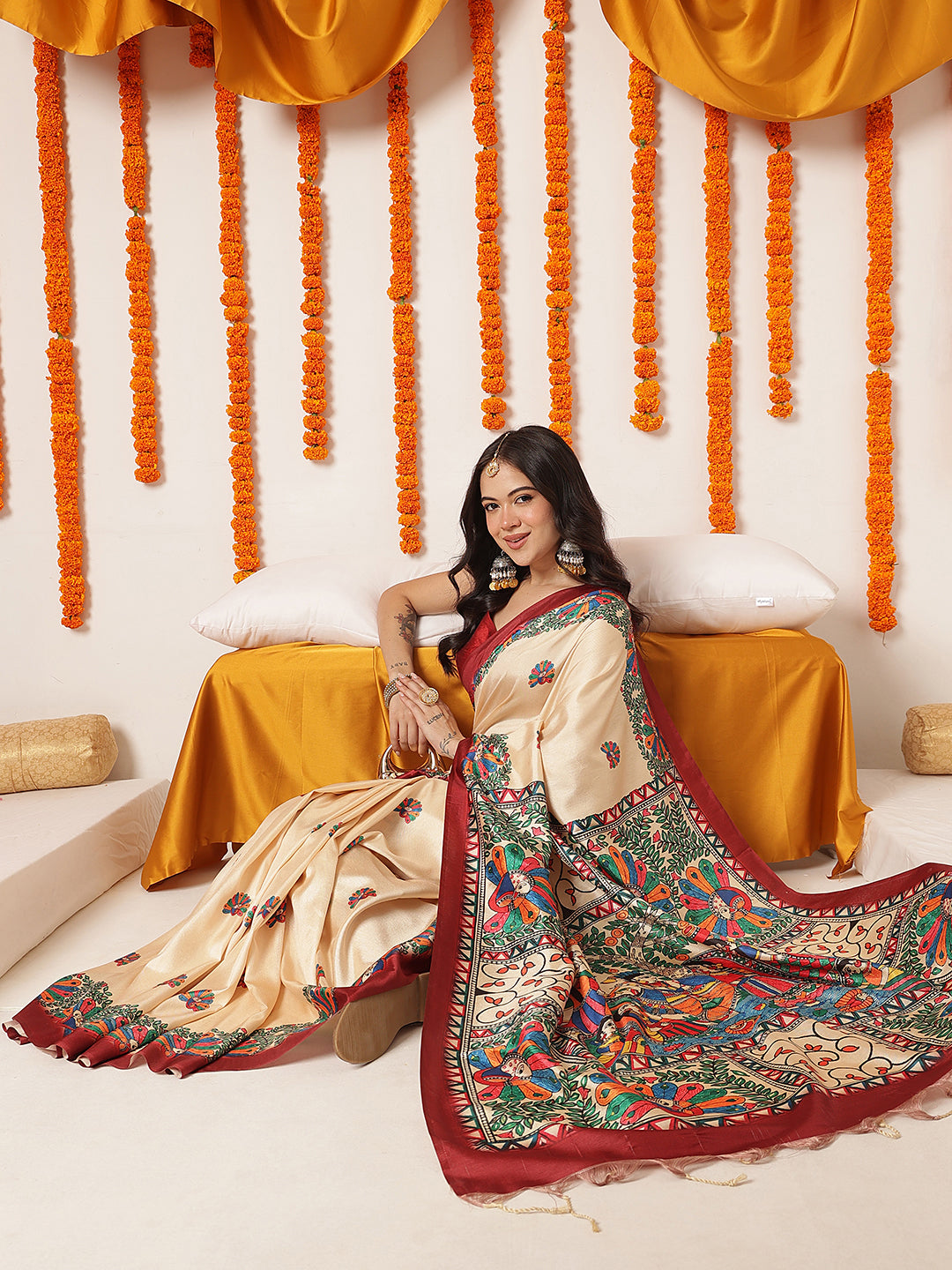 Soft Silk Solid Saree With Madhubani Printed Pallu & Border – Beige with Maroon Border – view 2