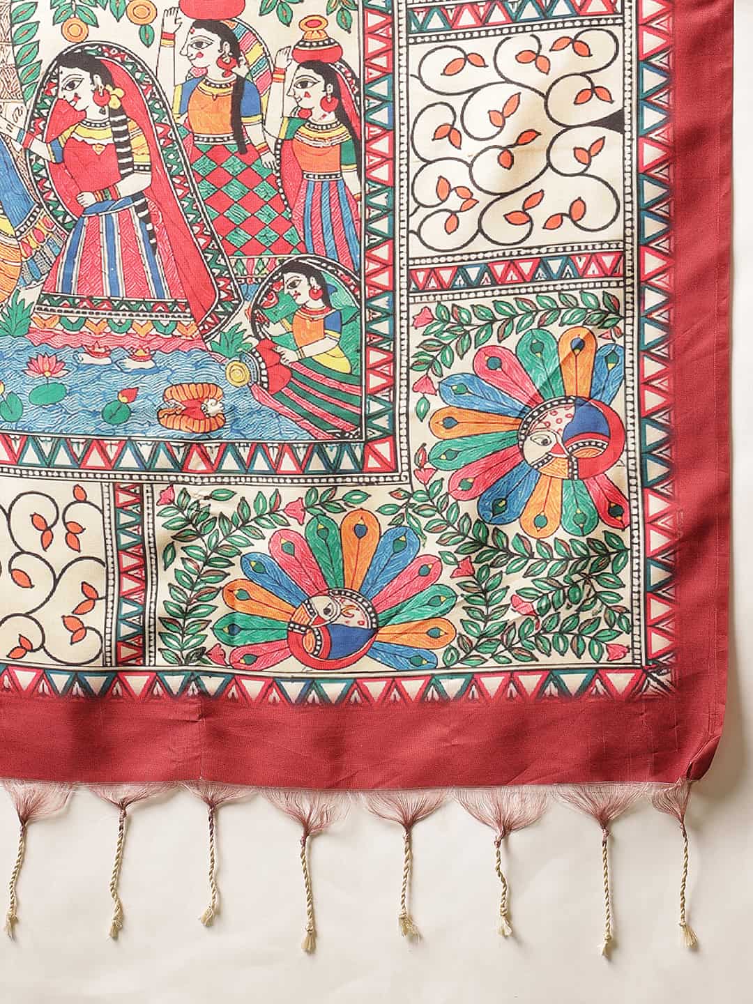 Soft Silk Solid Saree With Madhubani Printed Pallu & Border – Beige with Maroon Border – view 6