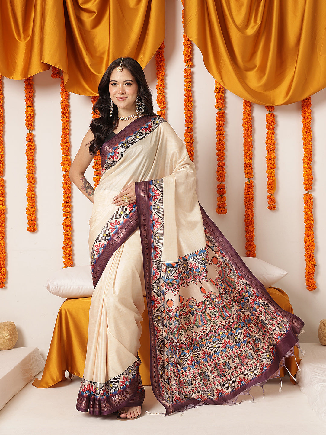 Soft Silk Solid Saree With Madhubani Printed Pallu & Border – Beige with Purple Border