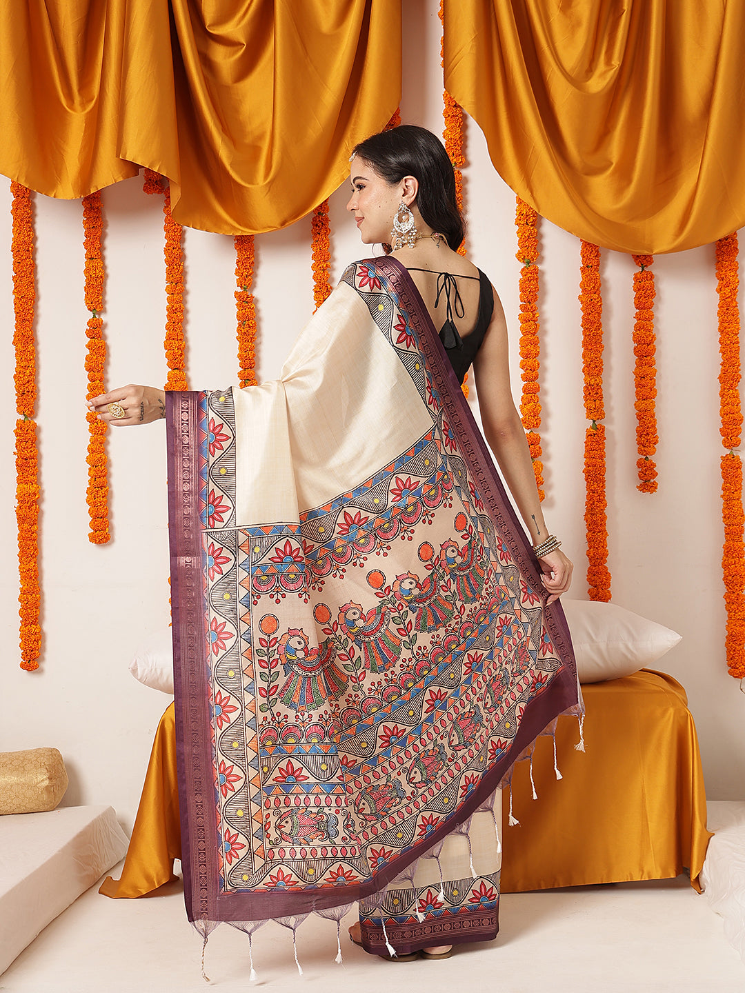 Soft Silk Solid Saree With Madhubani Printed Pallu & Border – Beige with Purple Border – view 3