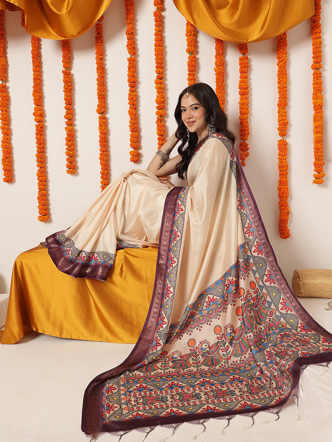 Soft Silk Solid Saree With Madhubani Printed Pallu & Border – Beige with Purple Border – view 2
