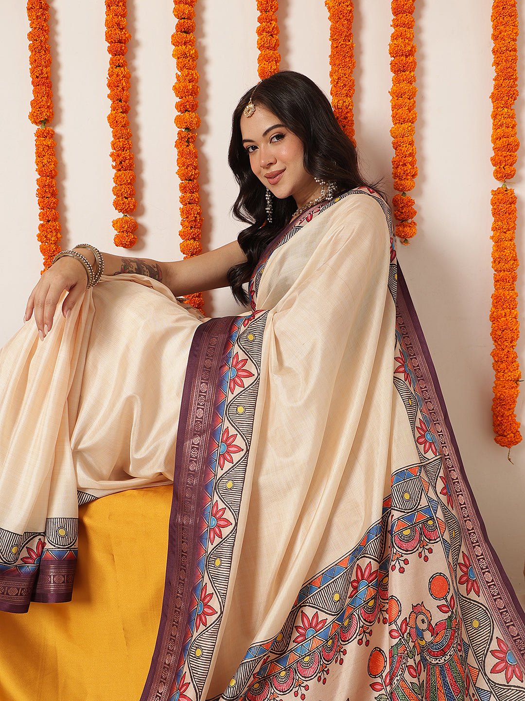 Soft Silk Solid Saree With Madhubani Printed Pallu & Border – Beige with Purple Border – view 4