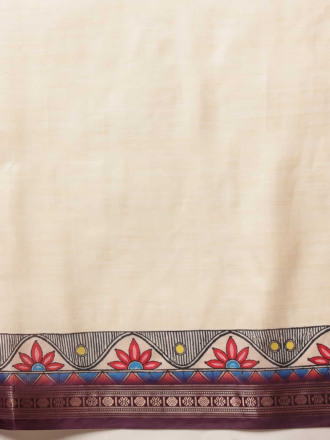Soft Silk Solid Saree With Madhubani Printed Pallu & Border – Beige with Purple Border – view 5