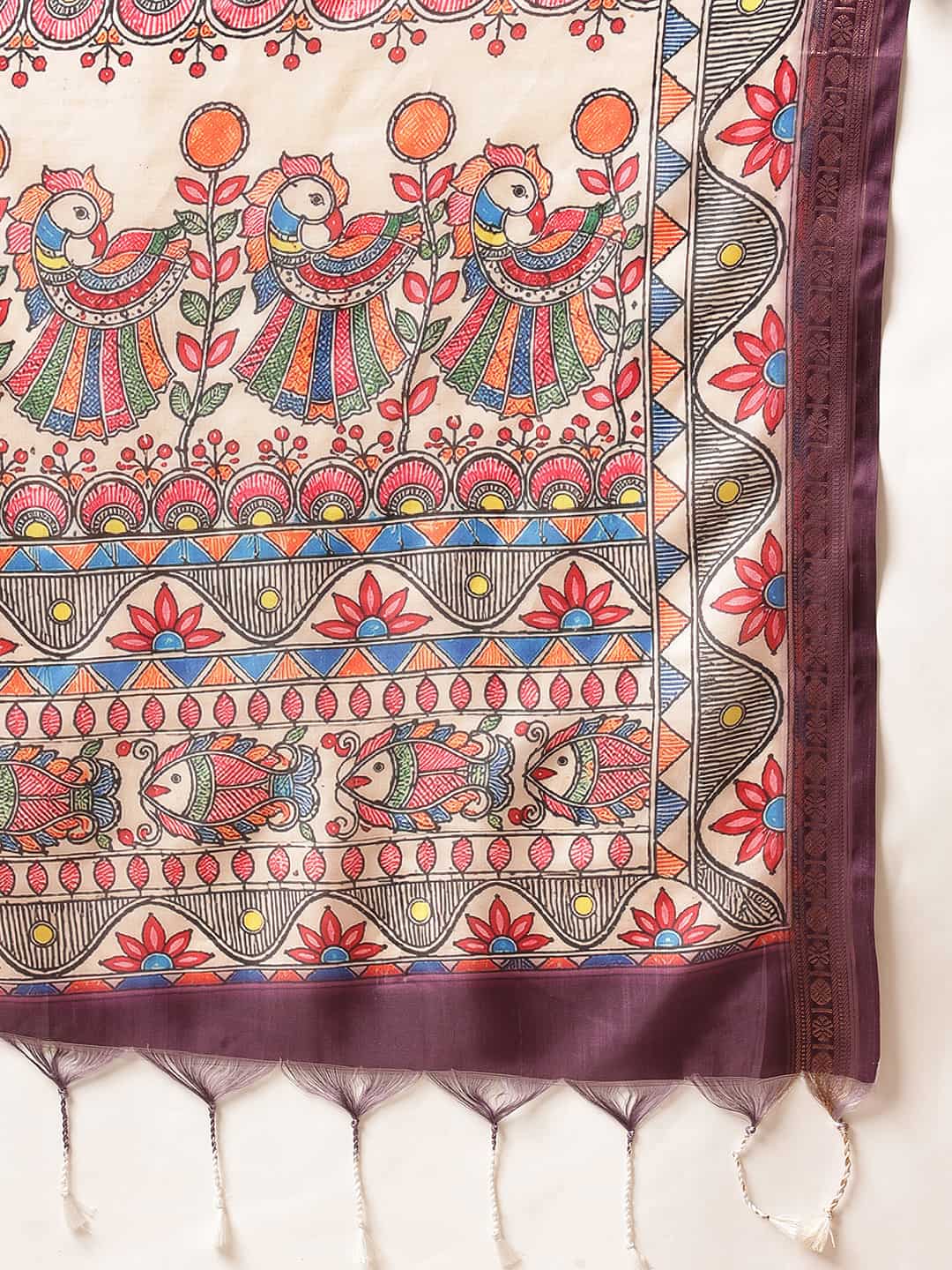 Soft Silk Solid Saree With Madhubani Printed Pallu & Border – Beige with Purple Border – view 6