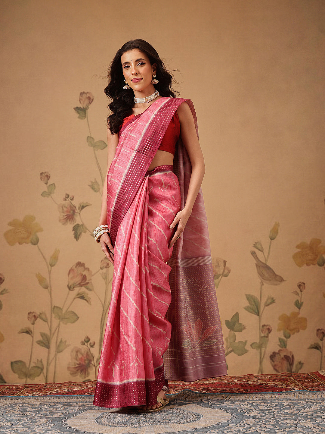 Digital Printed Tusser Silk Saree With Zari Tipki Woven Border & Pallu Blouse