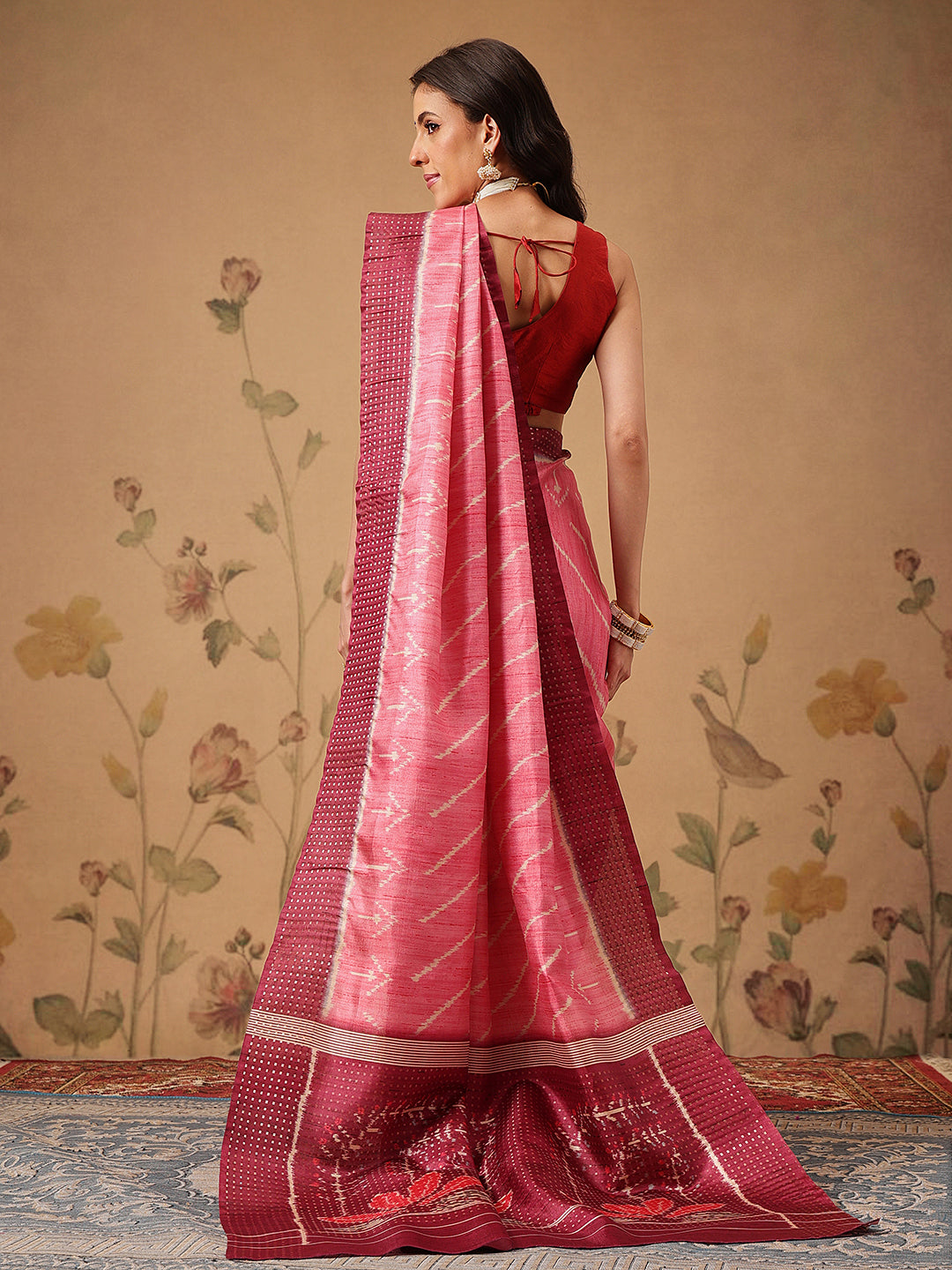 Digital Printed Tusser Silk Saree With Zari Tipki Woven Border & Pallu Blouse