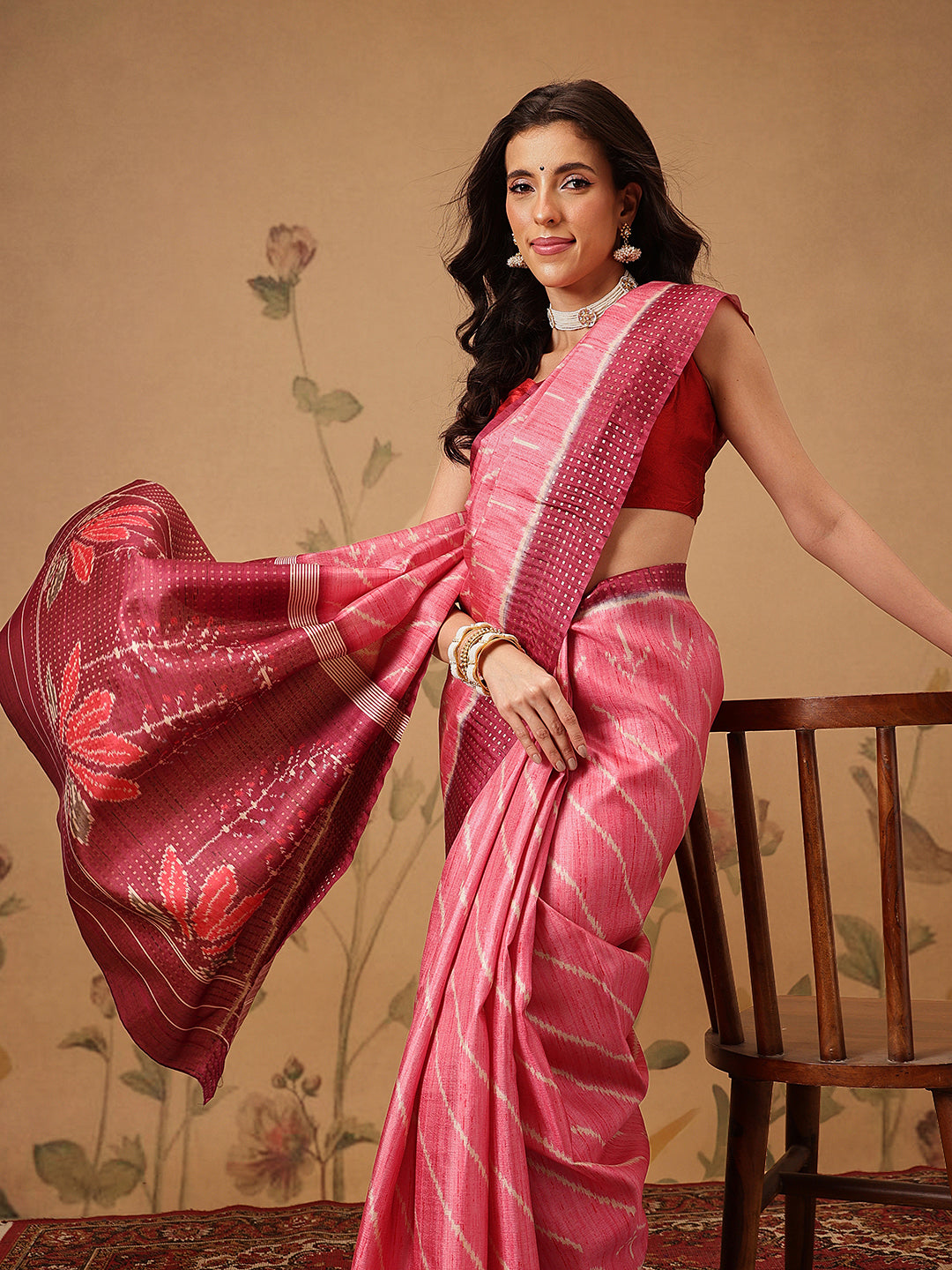Digital Printed Tusser Silk Saree With Zari Tipki Woven Border & Pallu Blouse