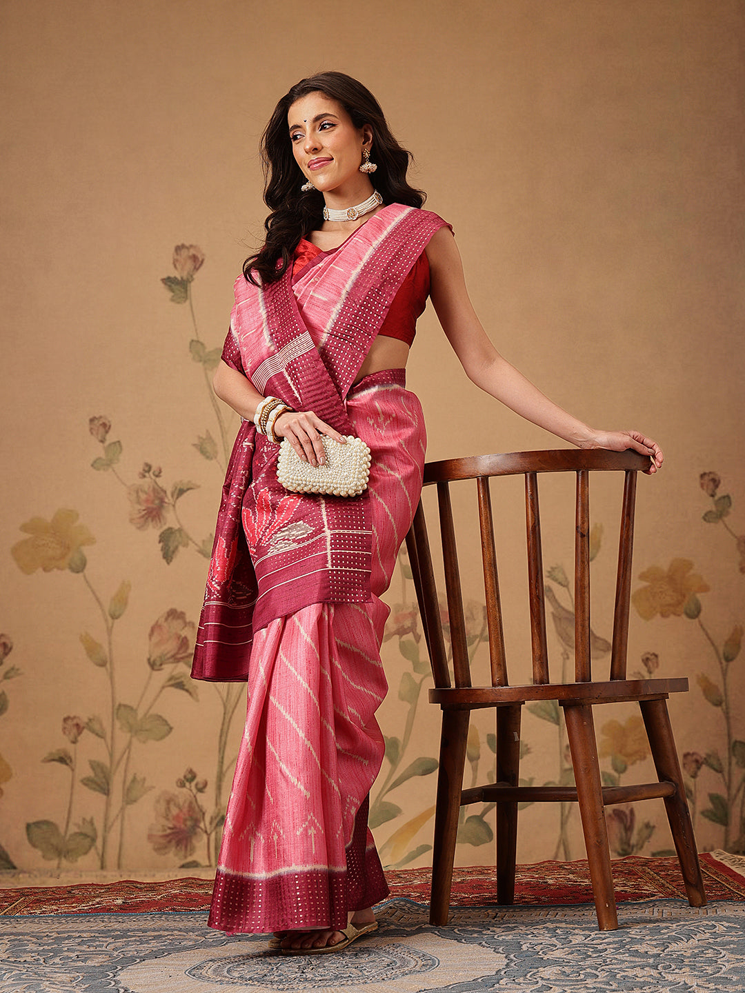 Digital Printed Tusser Silk Saree With Zari Tipki Woven Border & Pallu Blouse