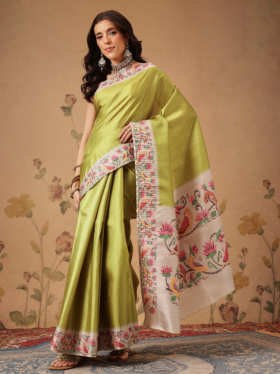 Digital Printed Tusser Silk Saree With Zari Tipki Woven Border & Pallu Blouse