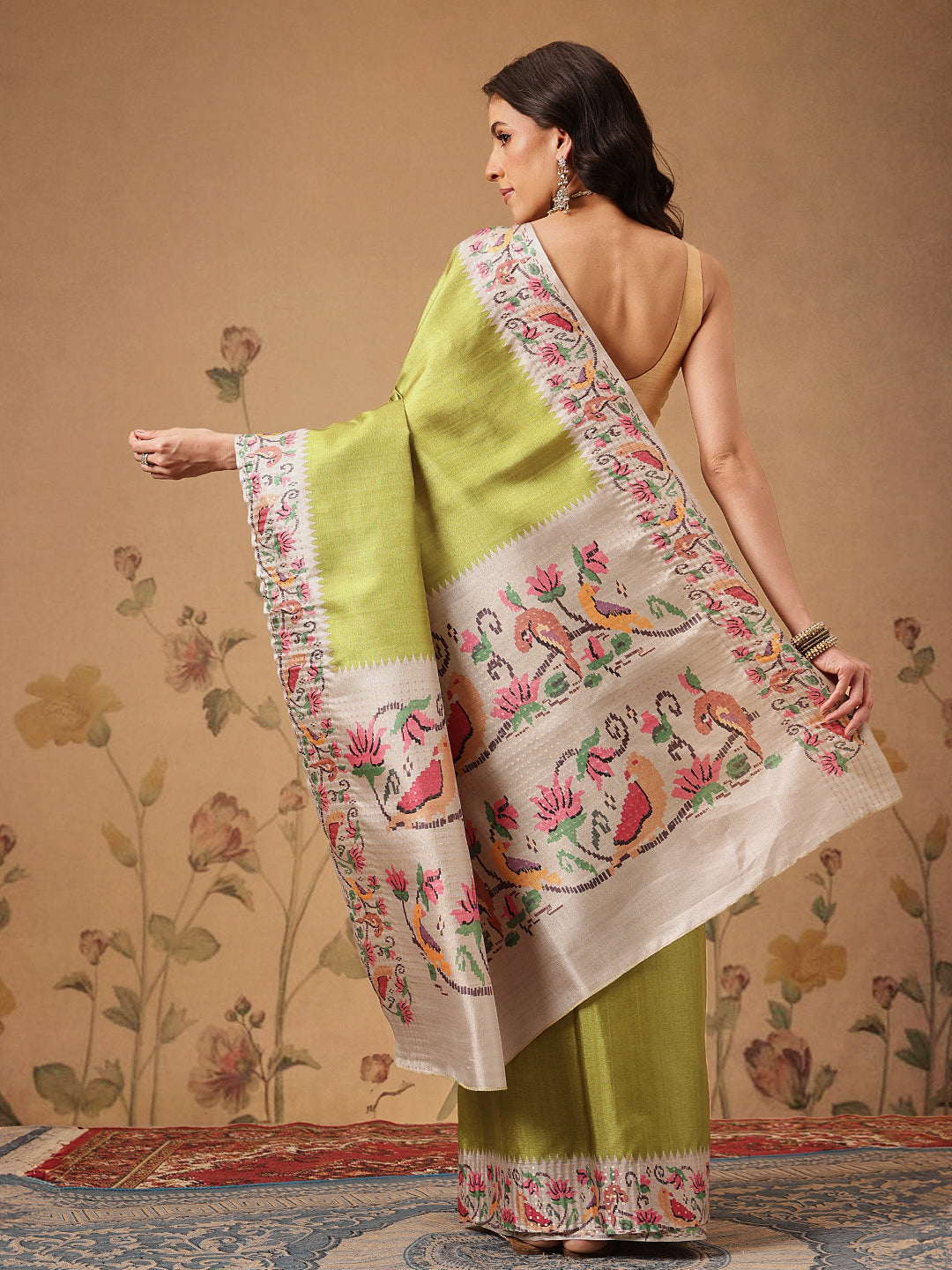 Digital Printed Tusser Silk Saree With Zari Tipki Woven Border & Pallu Blouse