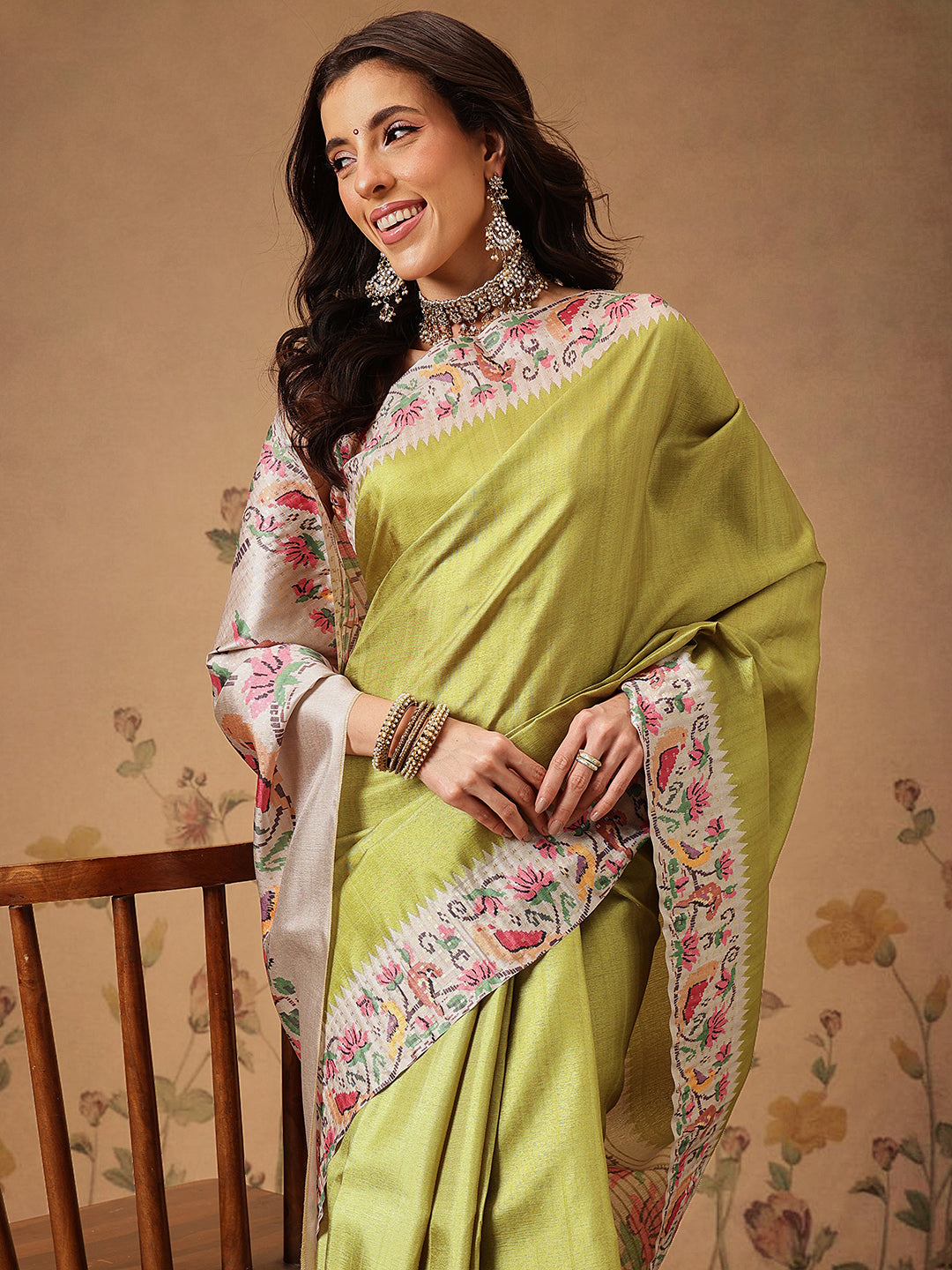 Digital Printed Tusser Silk Saree With Zari Tipki Woven Border & Pallu Blouse