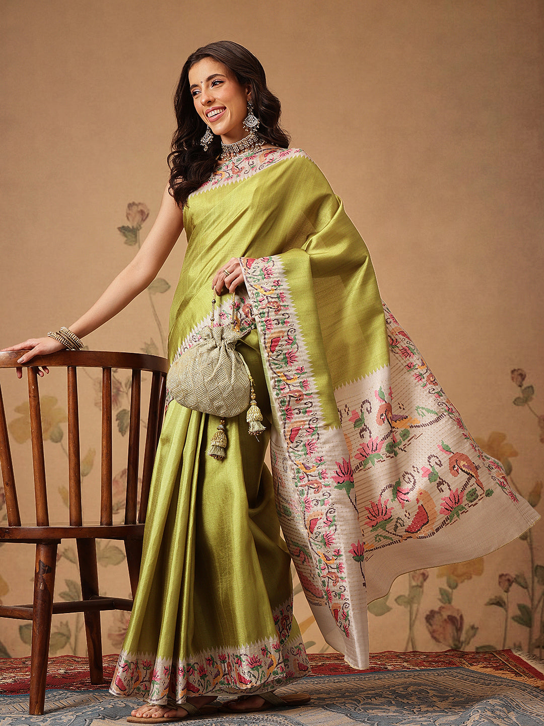 Digital Printed Tusser Silk Saree With Zari Tipki Woven Border & Pallu Blouse