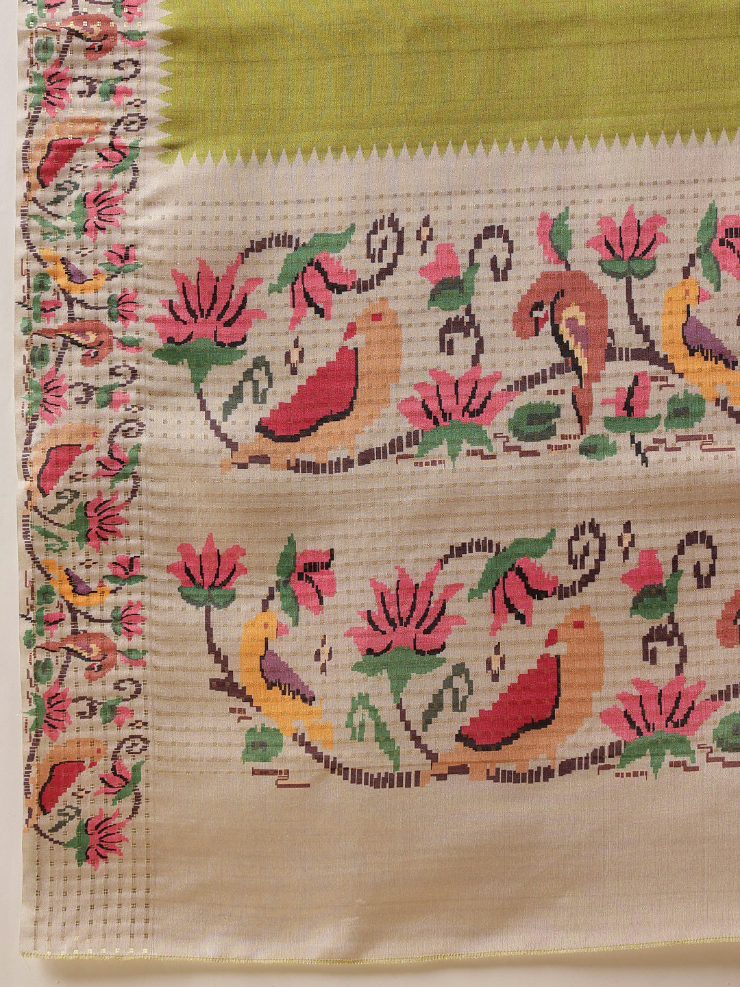 Digital Printed Tusser Silk Saree With Zari Tipki Woven Border & Pallu Blouse