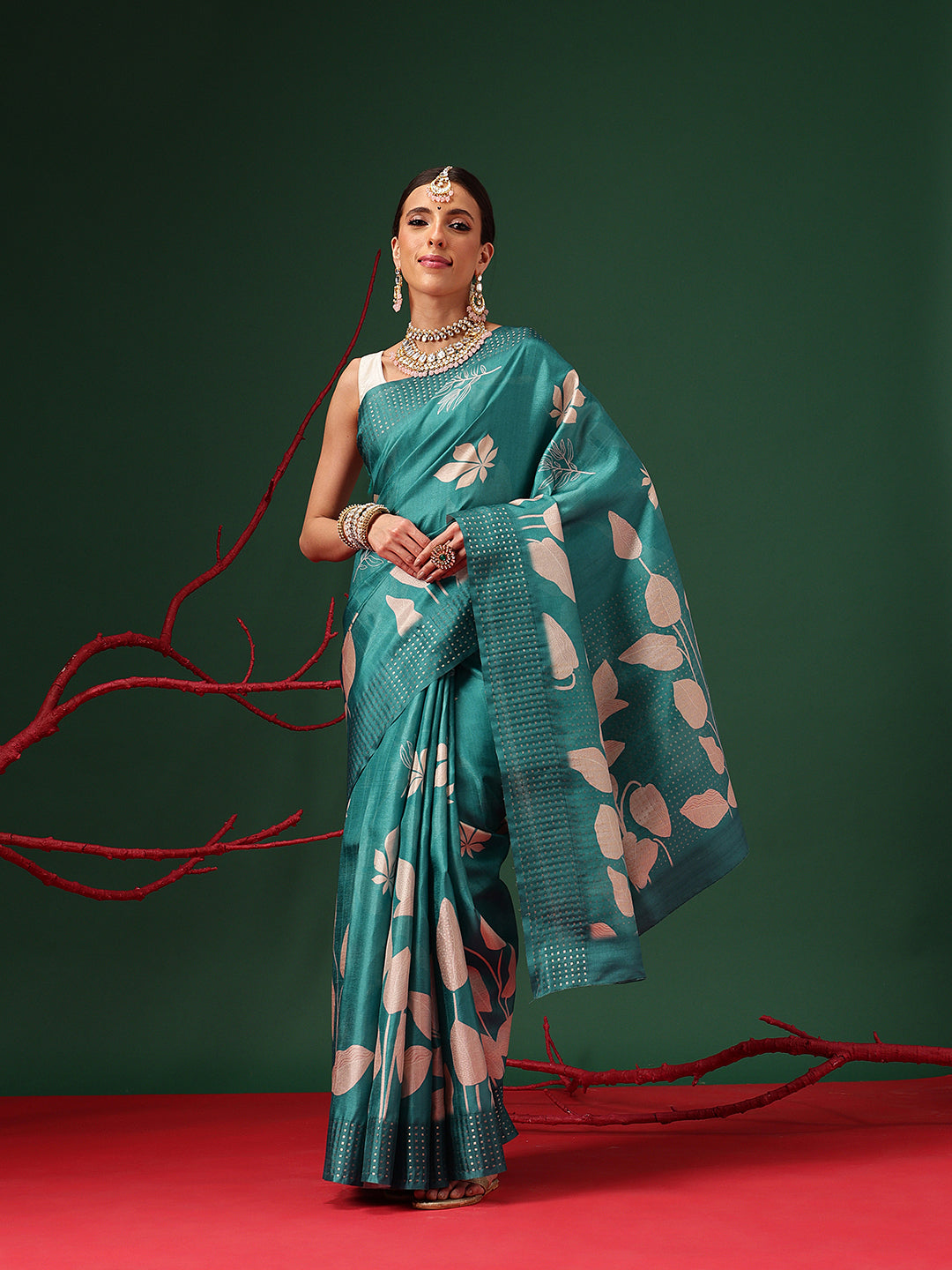 Digital Printed Tusser Silk Saree With Zari Tipki Woven Border & Pallu Blouse