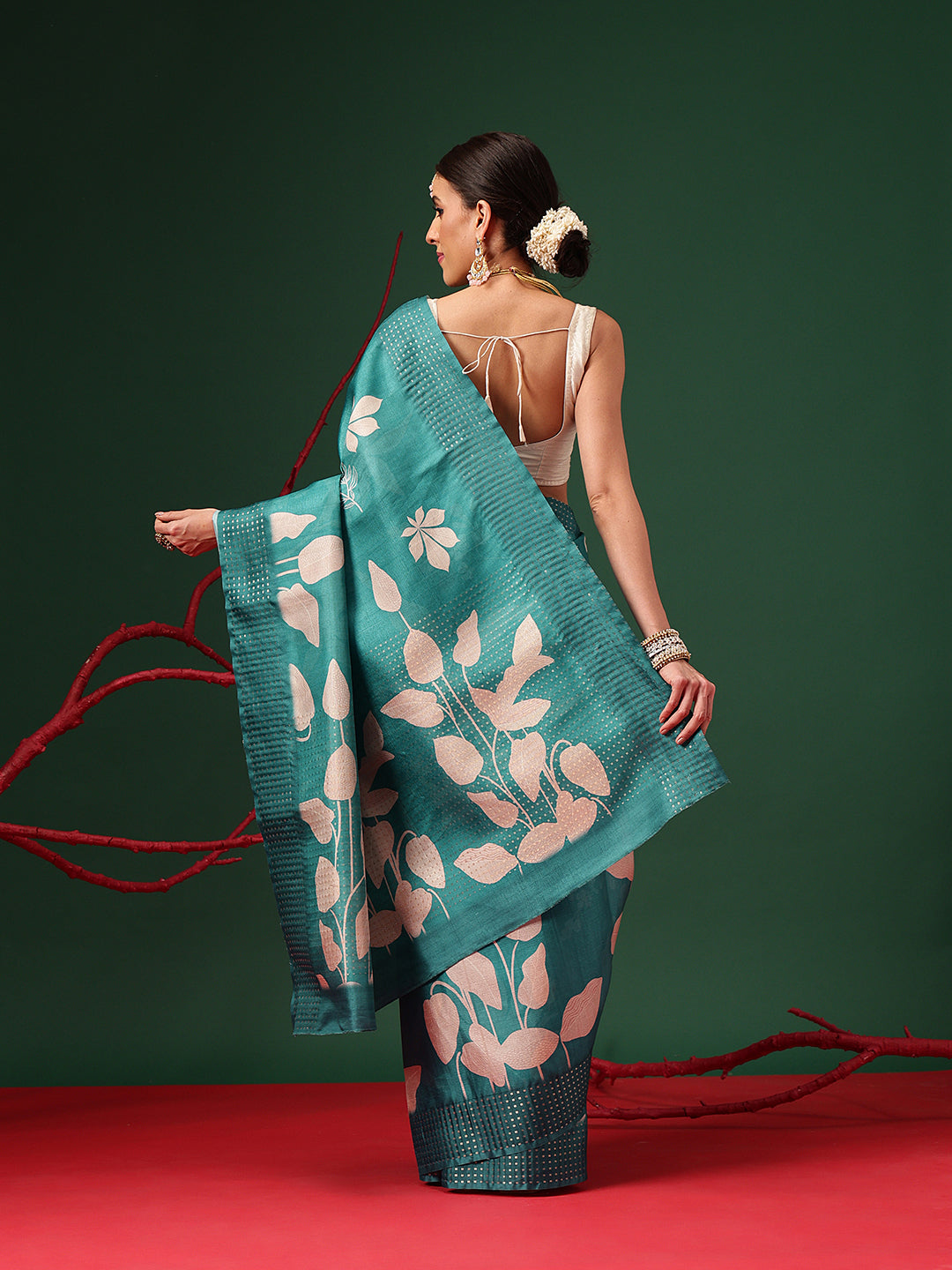 Digital Printed Tusser Silk Saree With Zari Tipki Woven Border & Pallu Blouse
