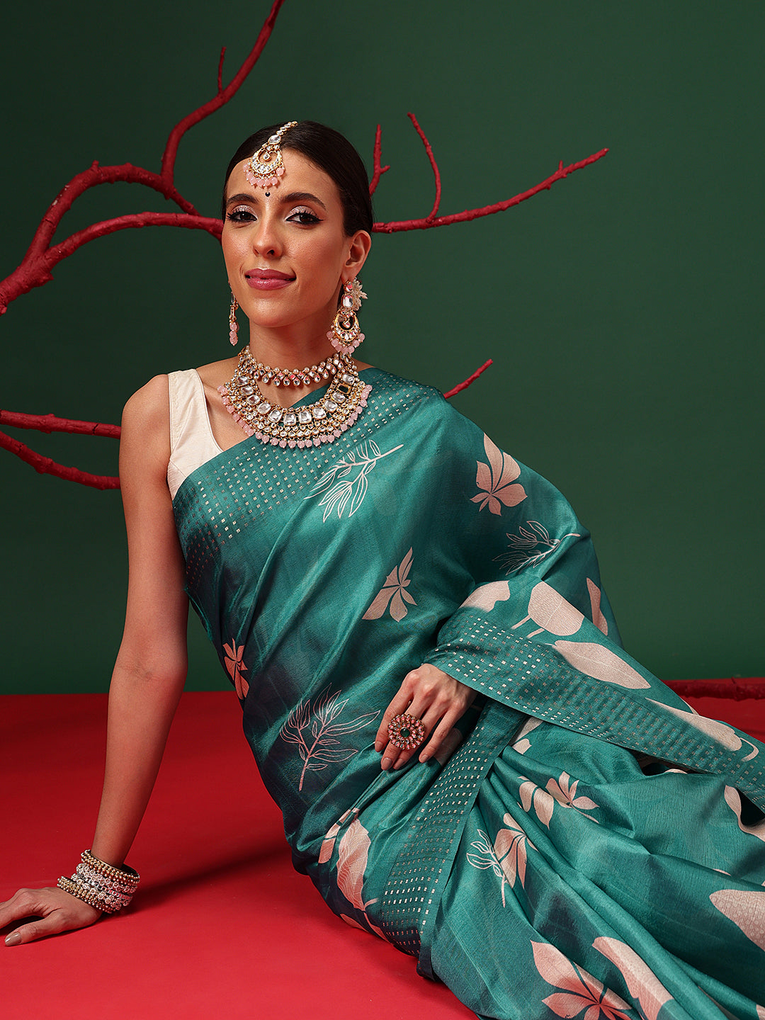 Digital Printed Tusser Silk Saree With Zari Tipki Woven Border & Pallu Blouse