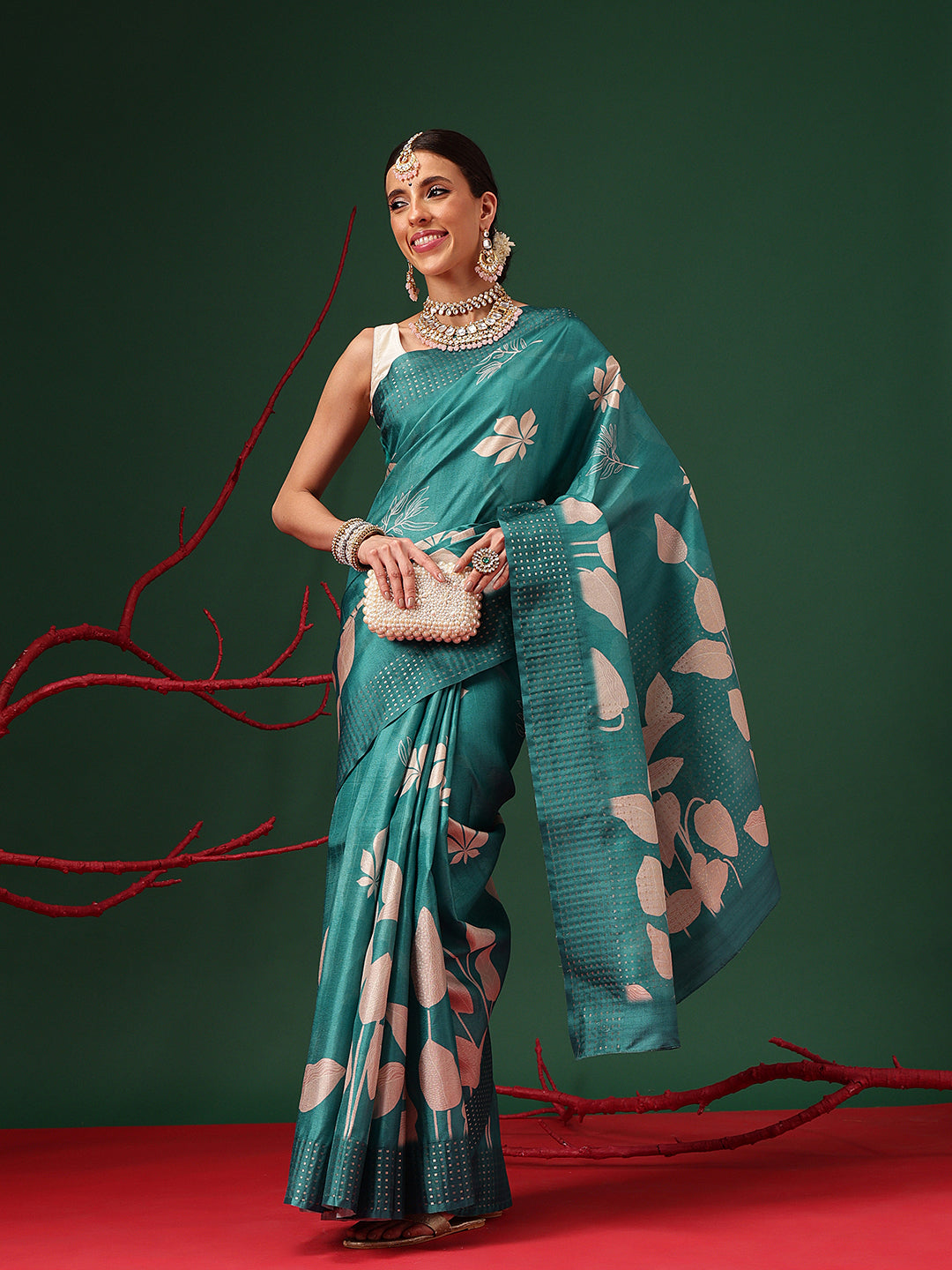 Digital Printed Tusser Silk Saree With Zari Tipki Woven Border & Pallu Blouse