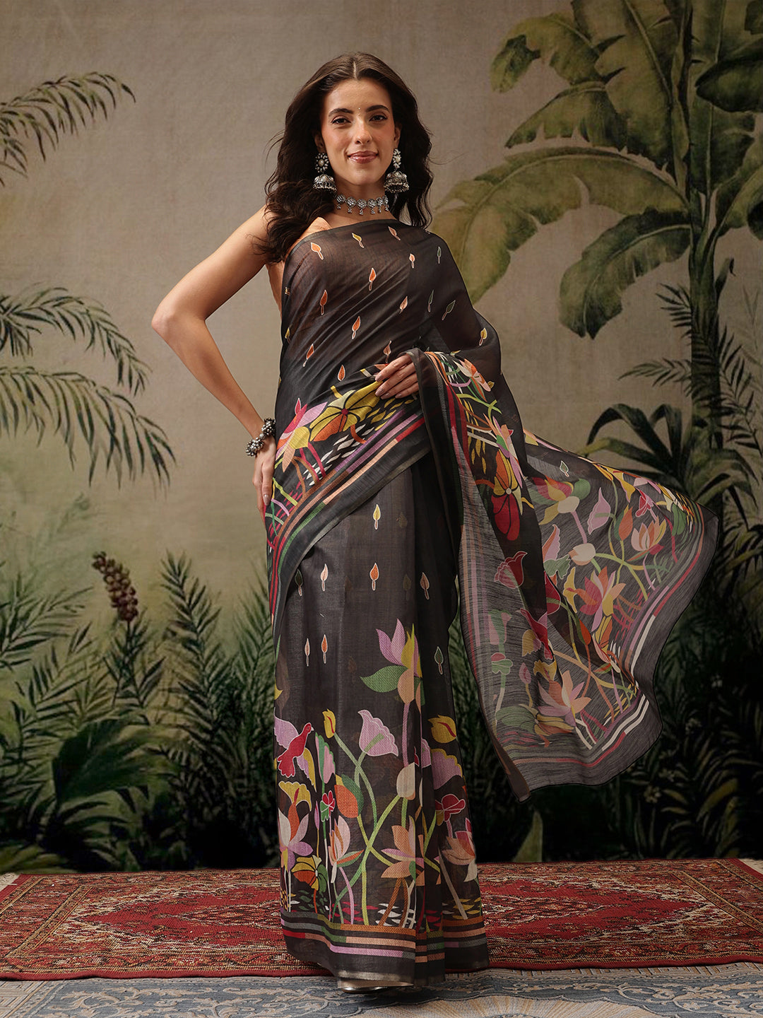 Digital Printed Cotton Silk Tissue Black Saree