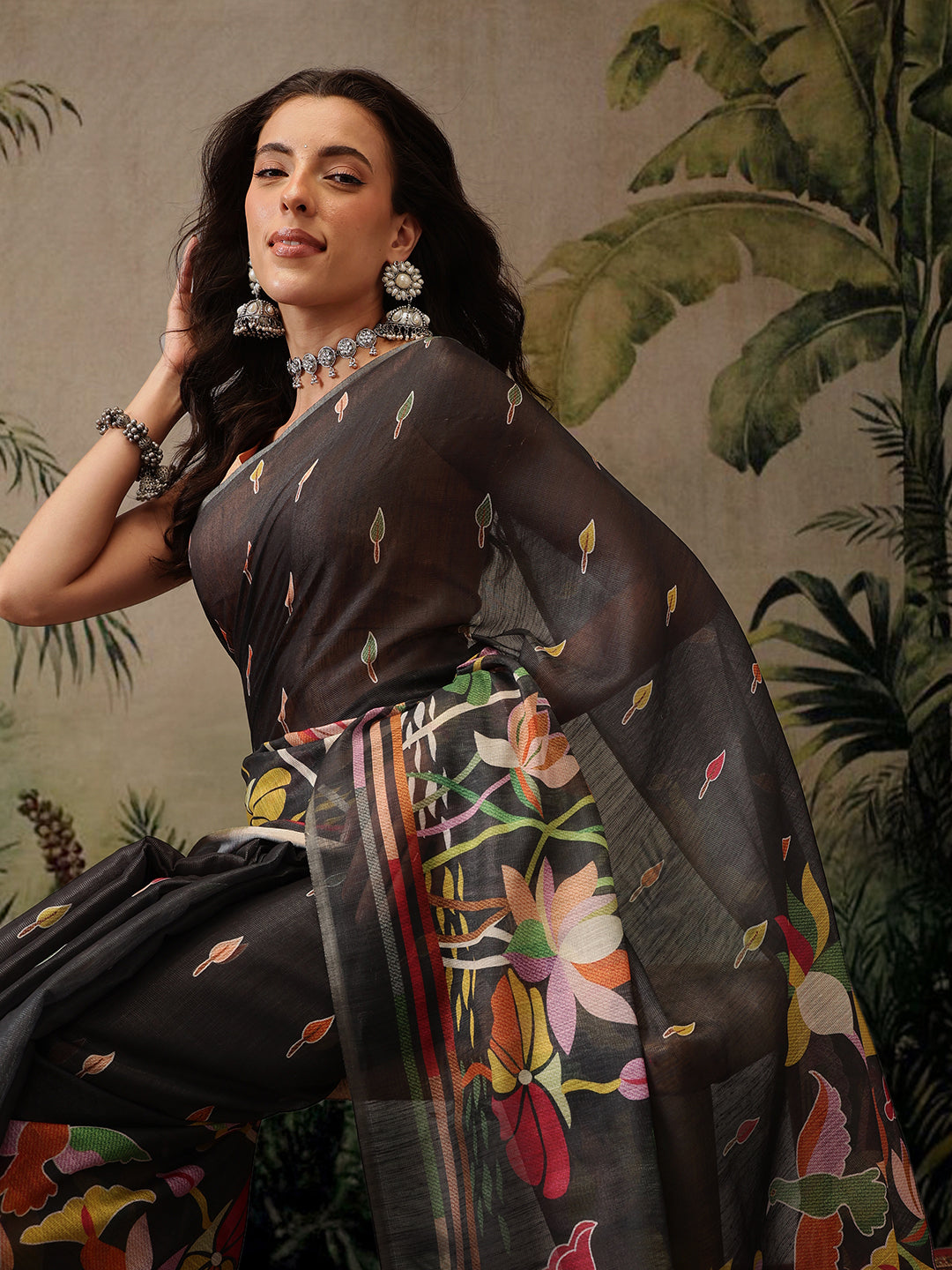 Digital Printed Cotton Silk Tissue Black Saree