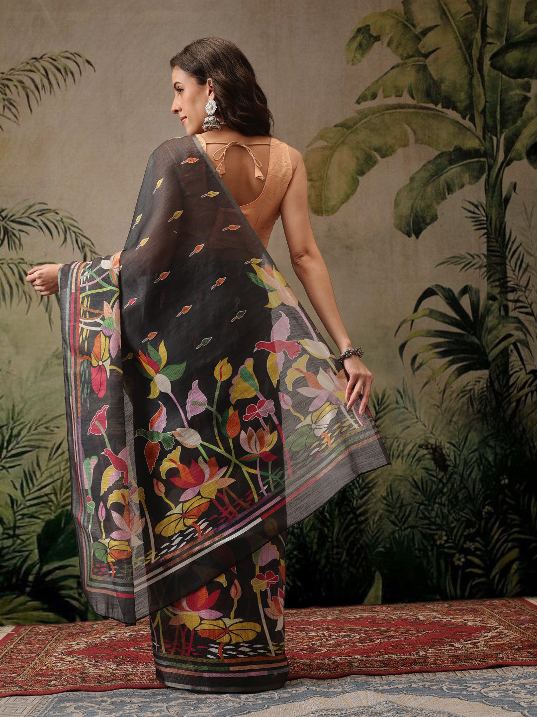 Digital Printed Cotton Silk Tissue Black Saree