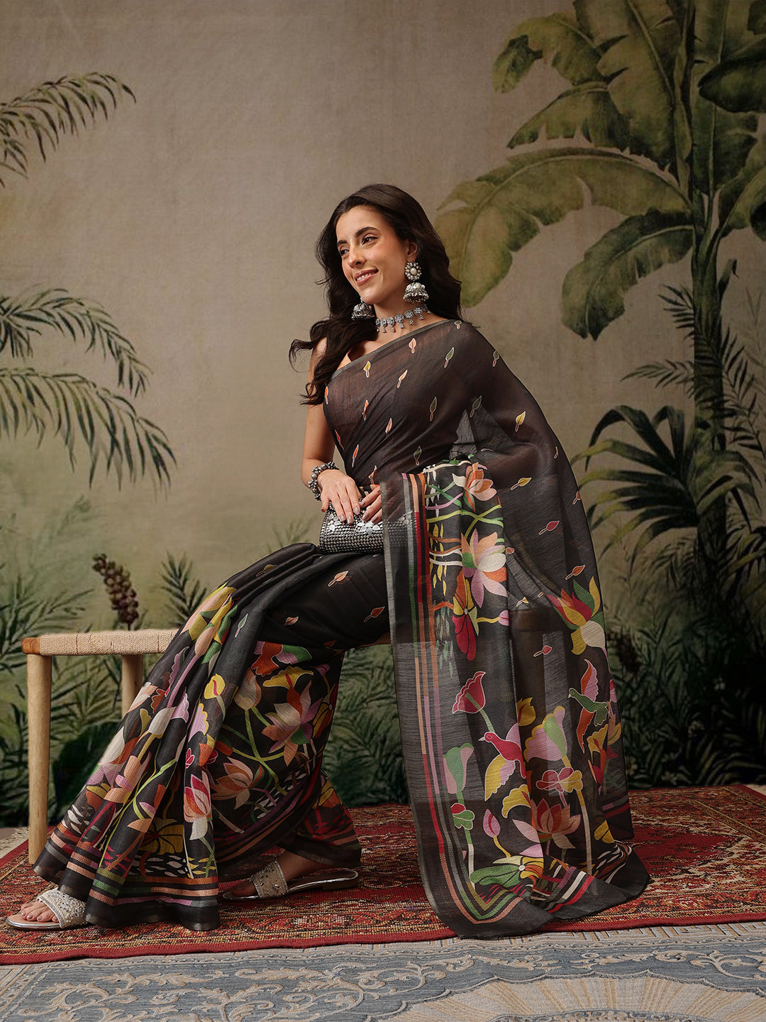 Digital Printed Cotton Silk Tissue Black Saree