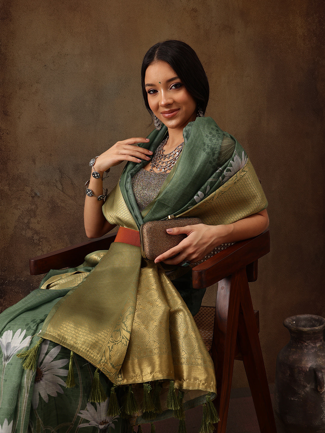 Muga Silk Floral Printed Zari Woven Saree