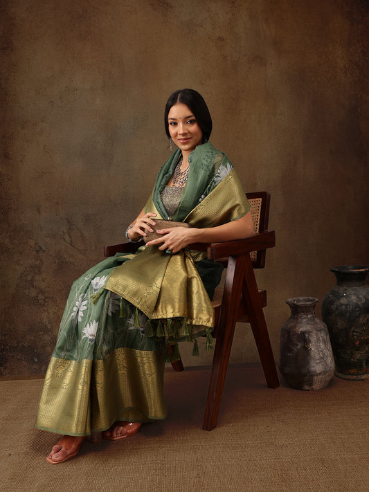 Muga Silk Floral Printed Zari Woven Saree