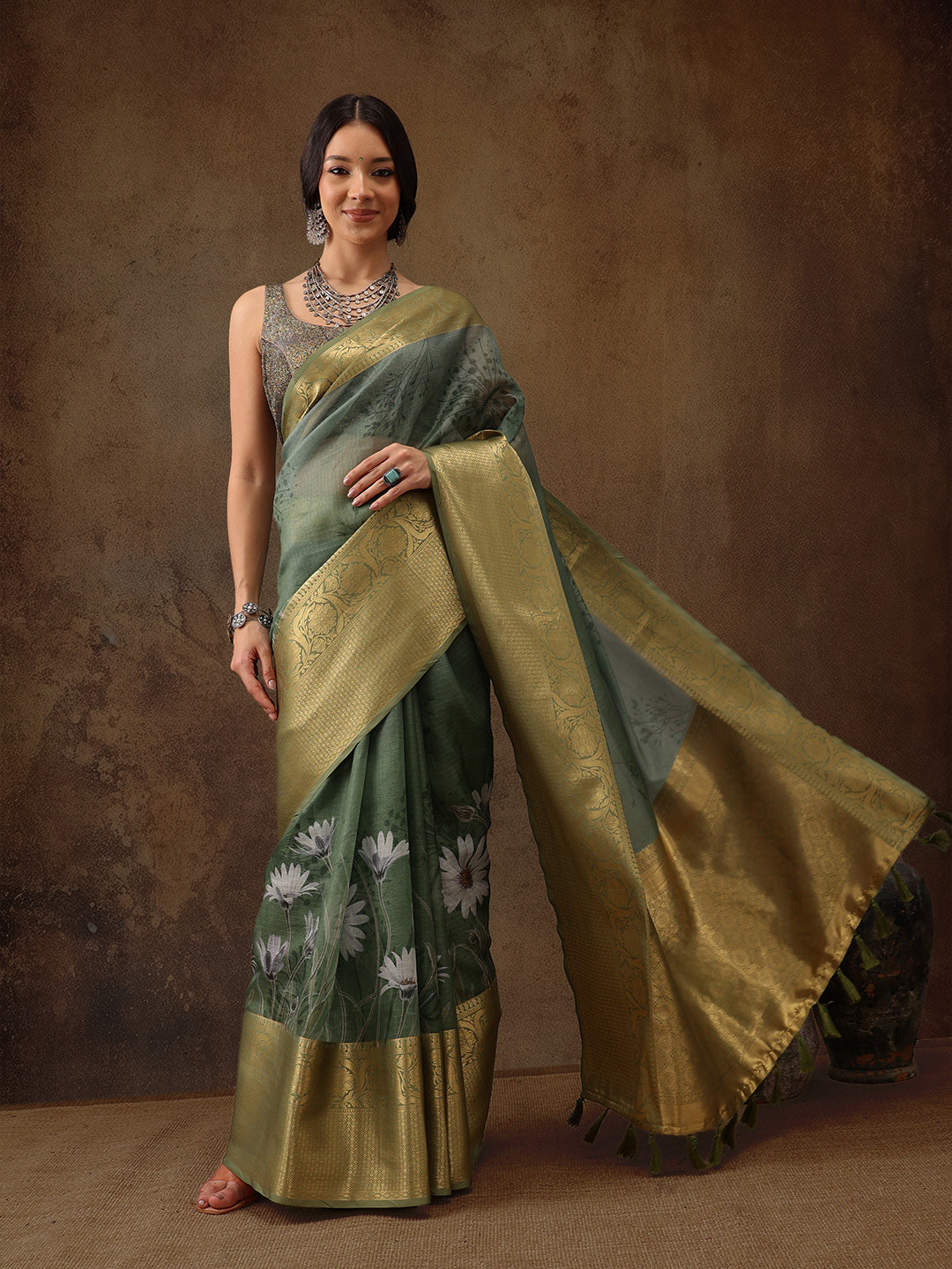 Muga Silk Floral Printed Zari Woven Saree