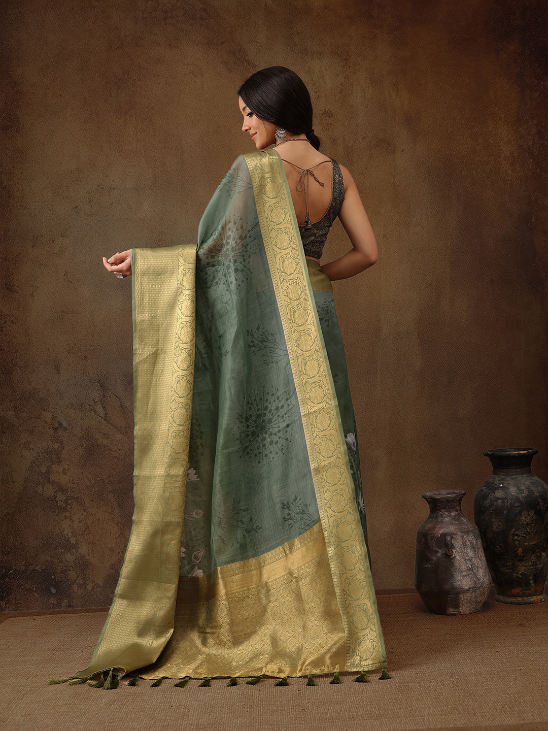 Muga Silk Floral Printed Zari Woven Saree